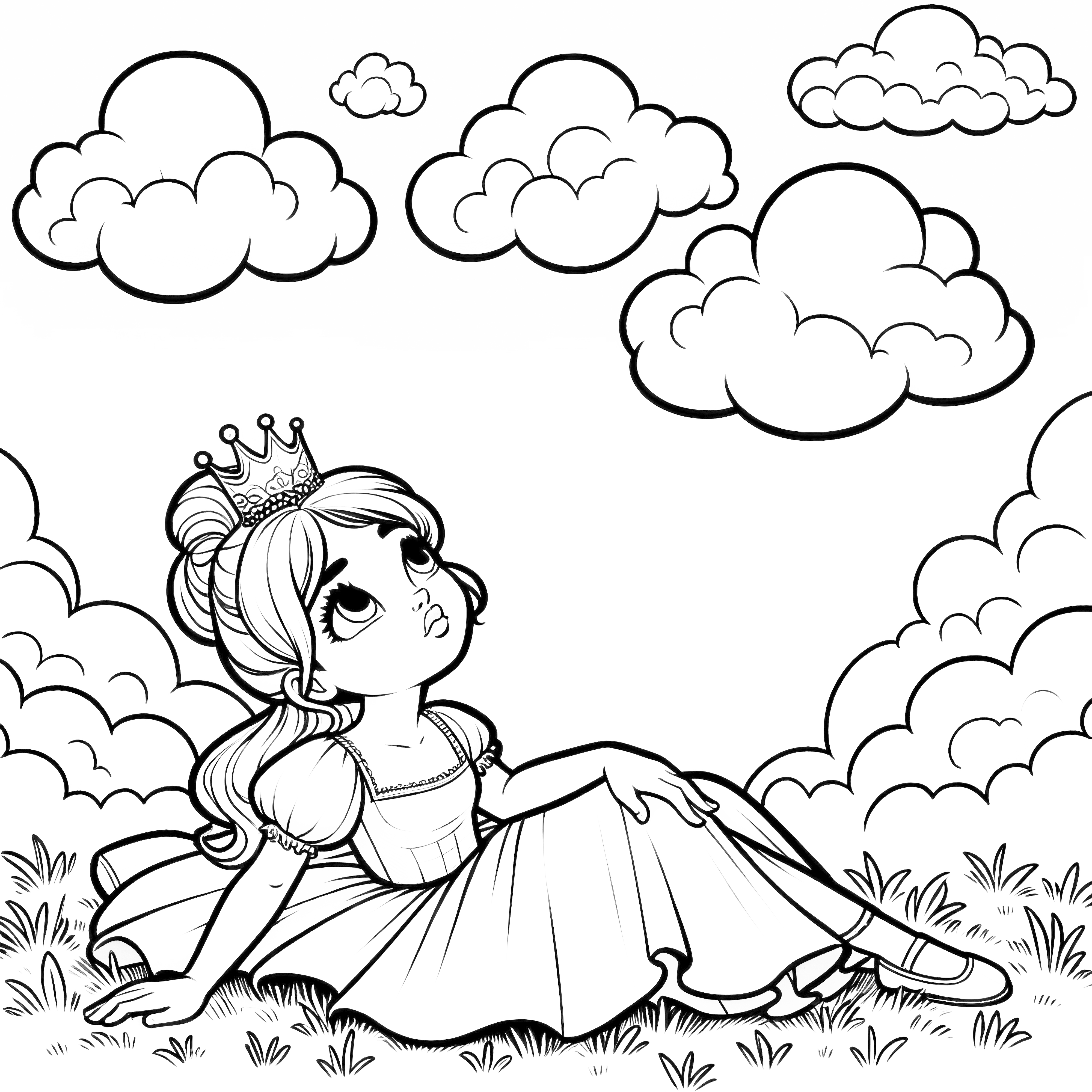 컬러링 그림 무료 제공: 하늘을 몽환적으로 바라보는 공주