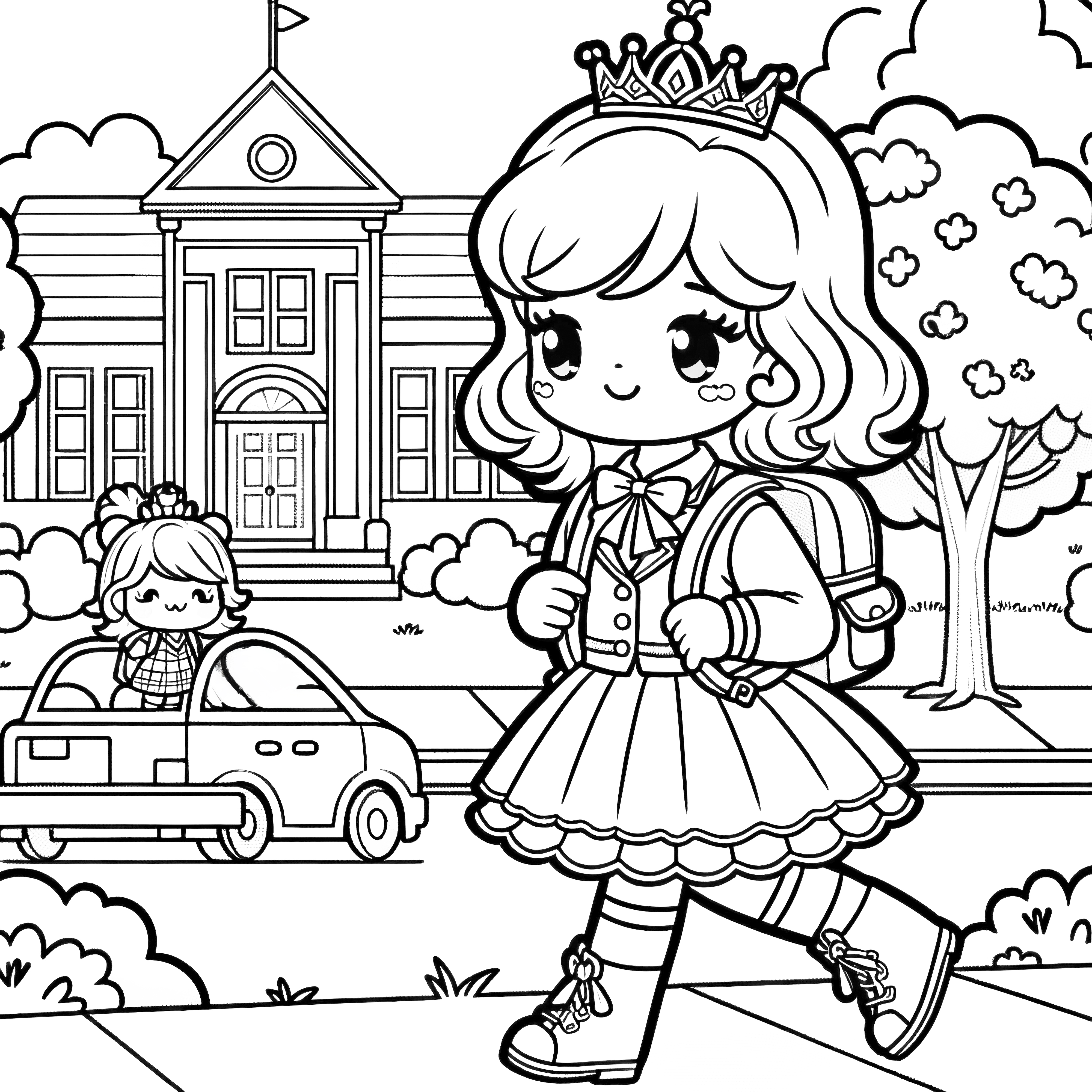 Princess on the way to school - coloring page easy