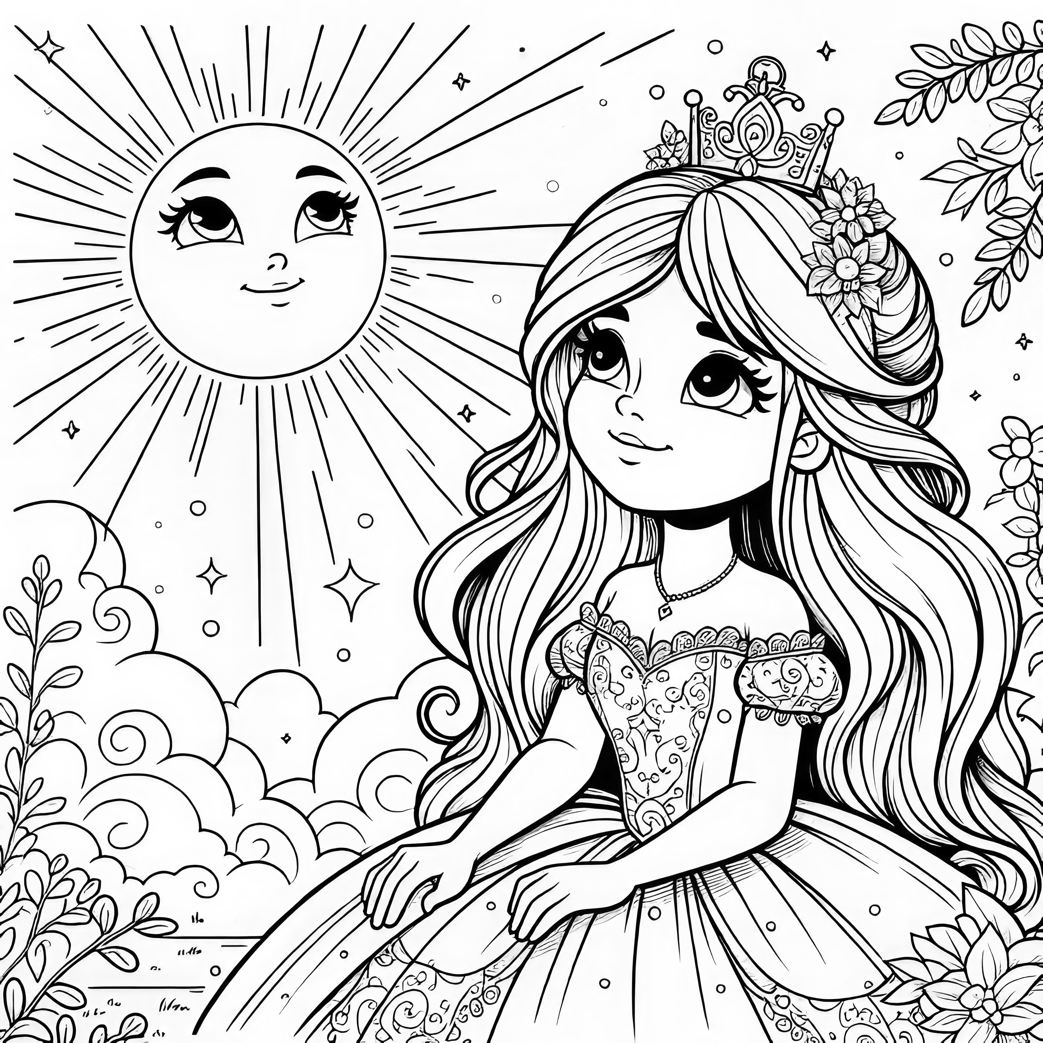 Prelepa princesa z soncem (brezplačna barvna predloga za tiskanje)