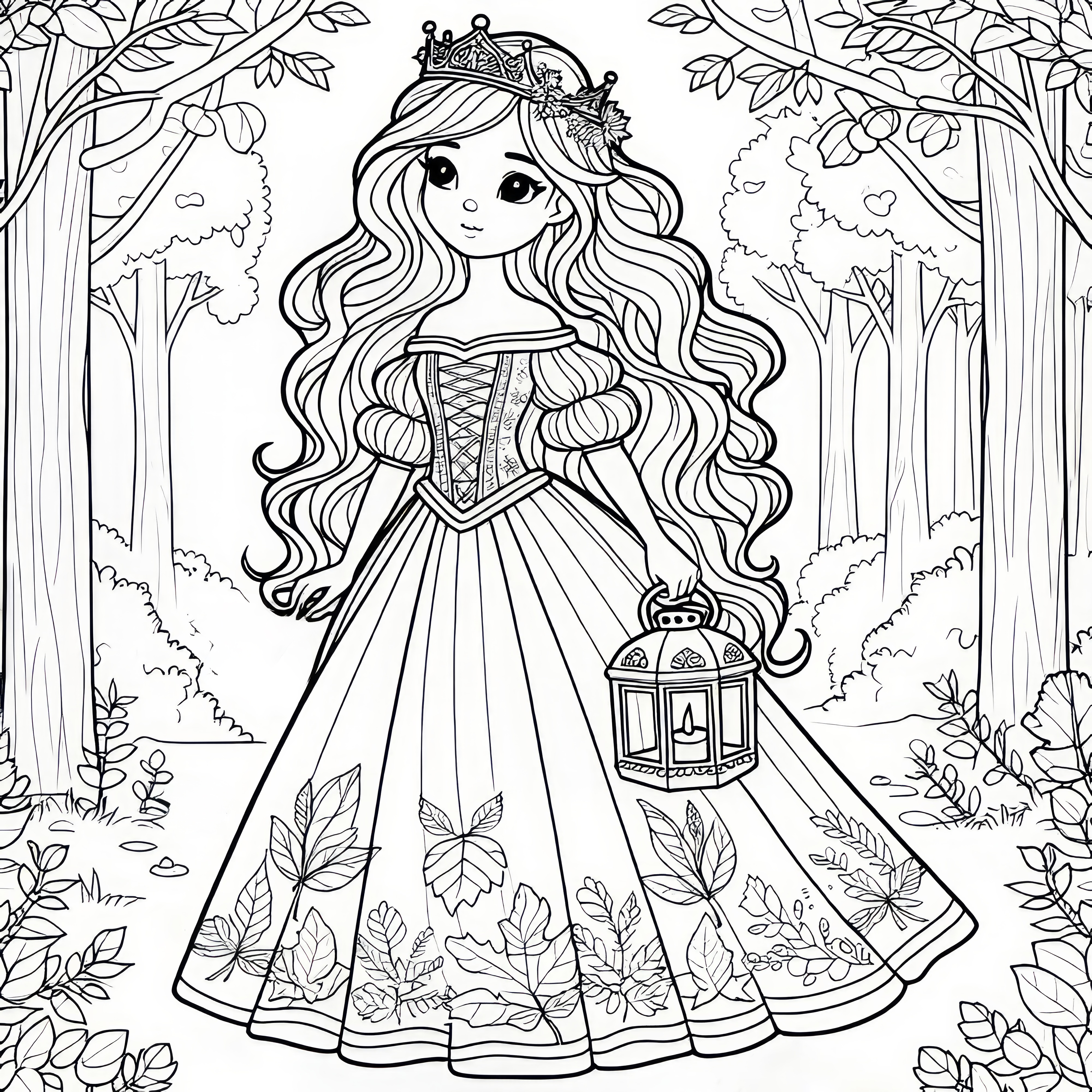 Fairytale coloring page: Princess in the forest with lantern (Free)