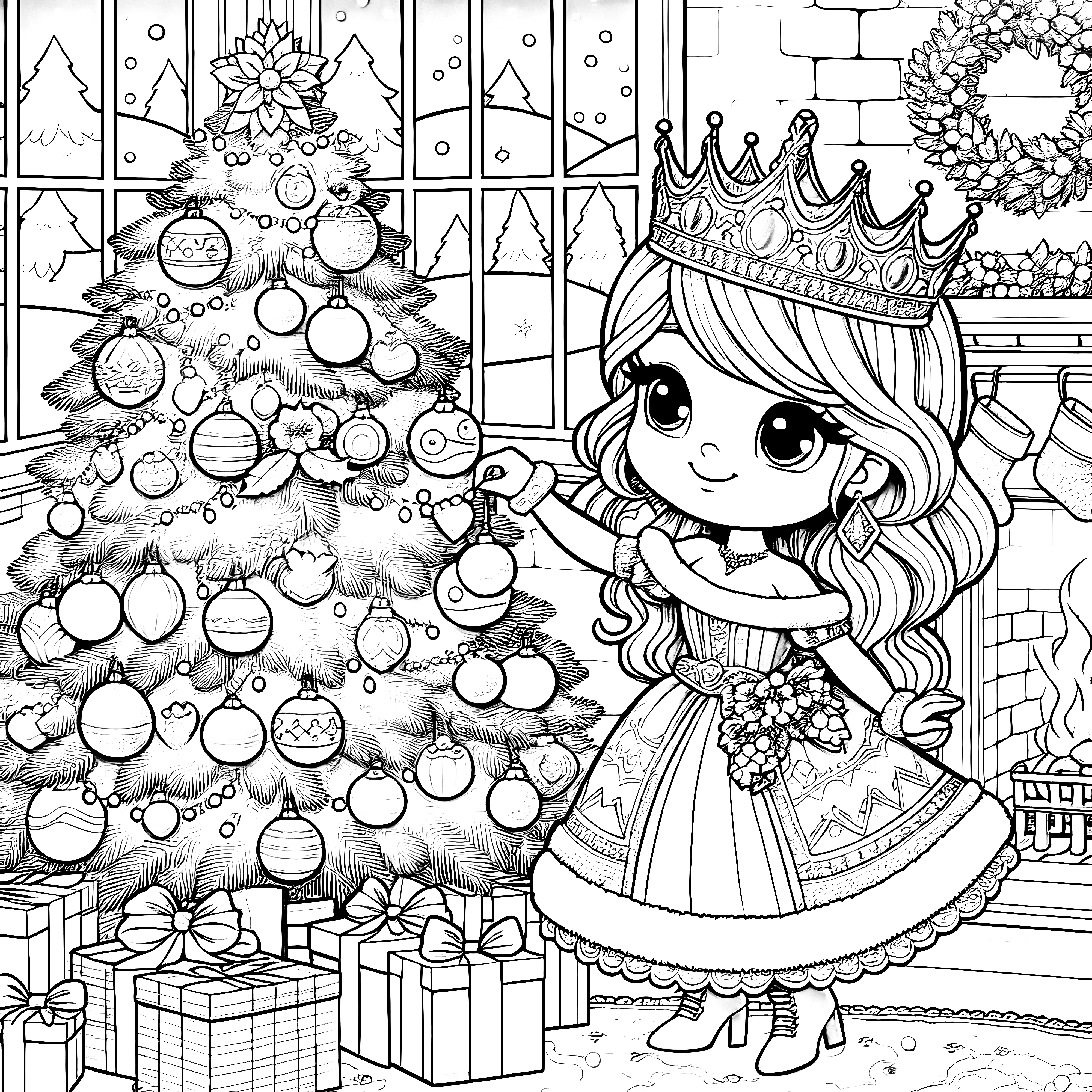 Little princess decorates Christmas tree: Coloring page to print (Free)