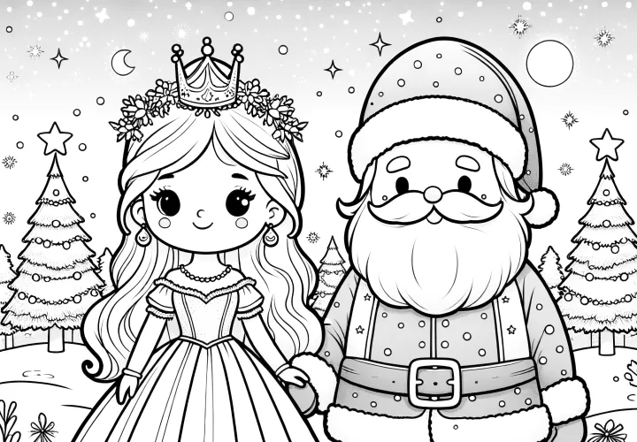 Princezna s Mikulášem v zimní krajině jako omalovánka (zdarma)