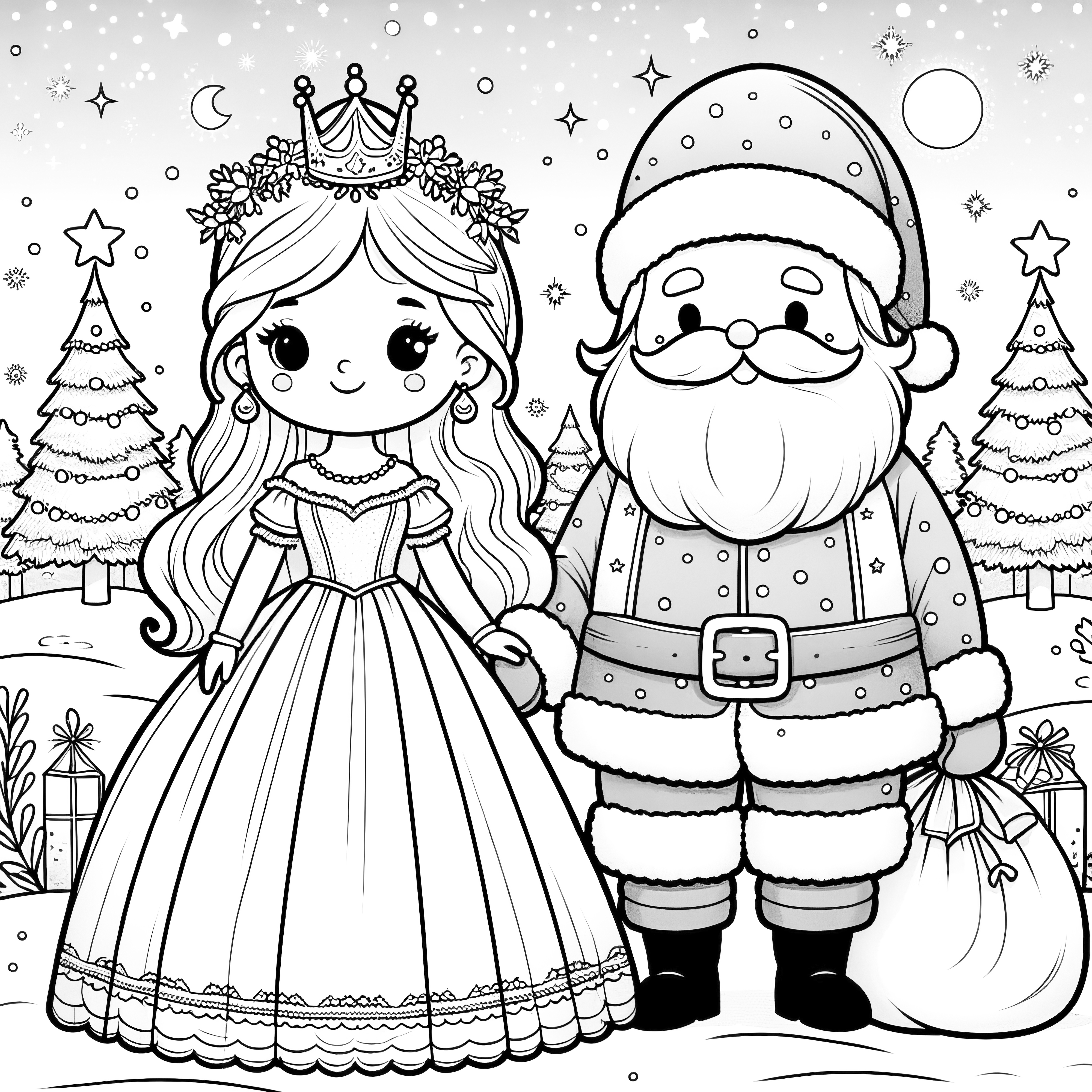 ## Princese un Ziemassvētku vecītis ziemas ainavā kā krāsojamā lapa