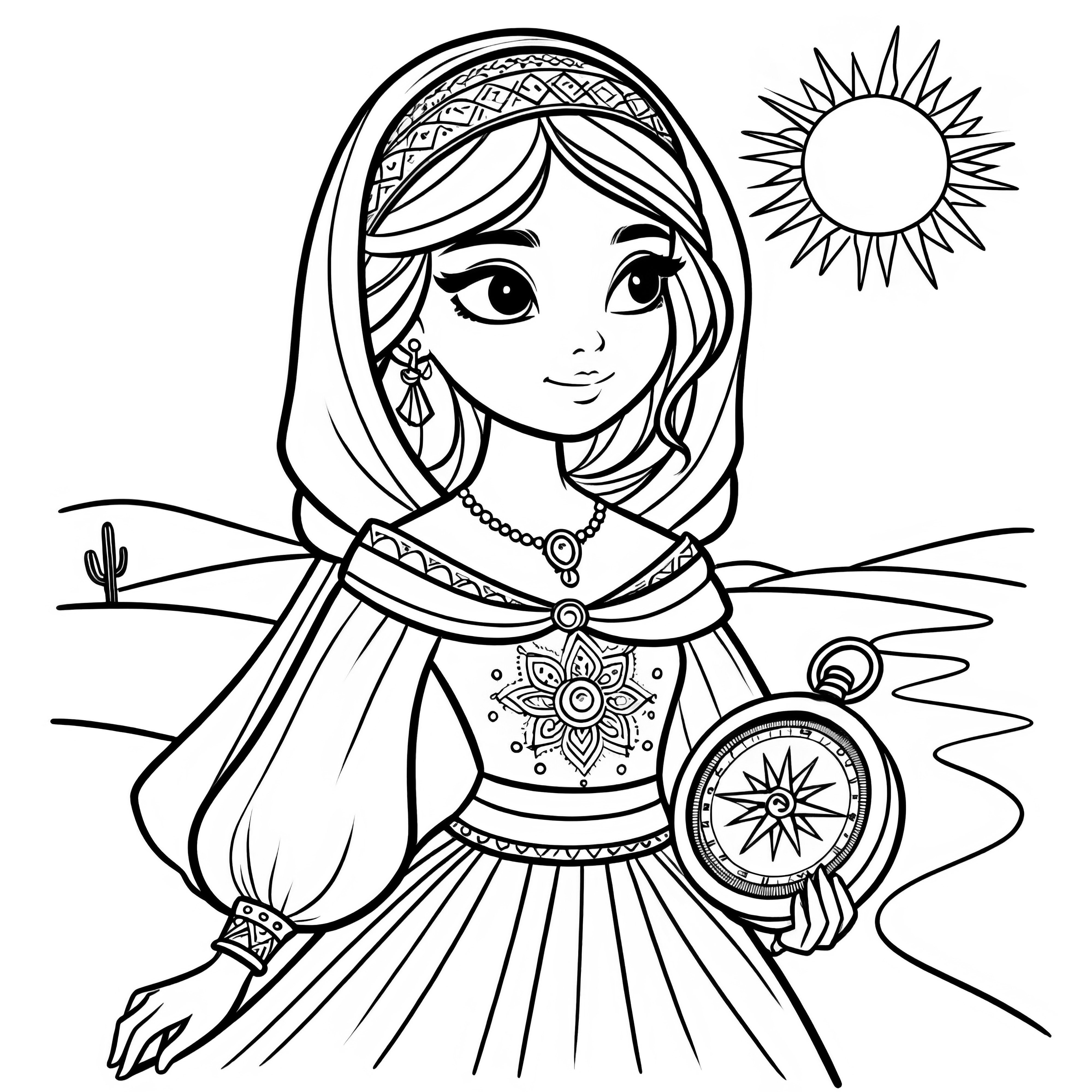태양 앞에서 사막에서 나침반을 든 공주 : 컬러링 그림 (무료)