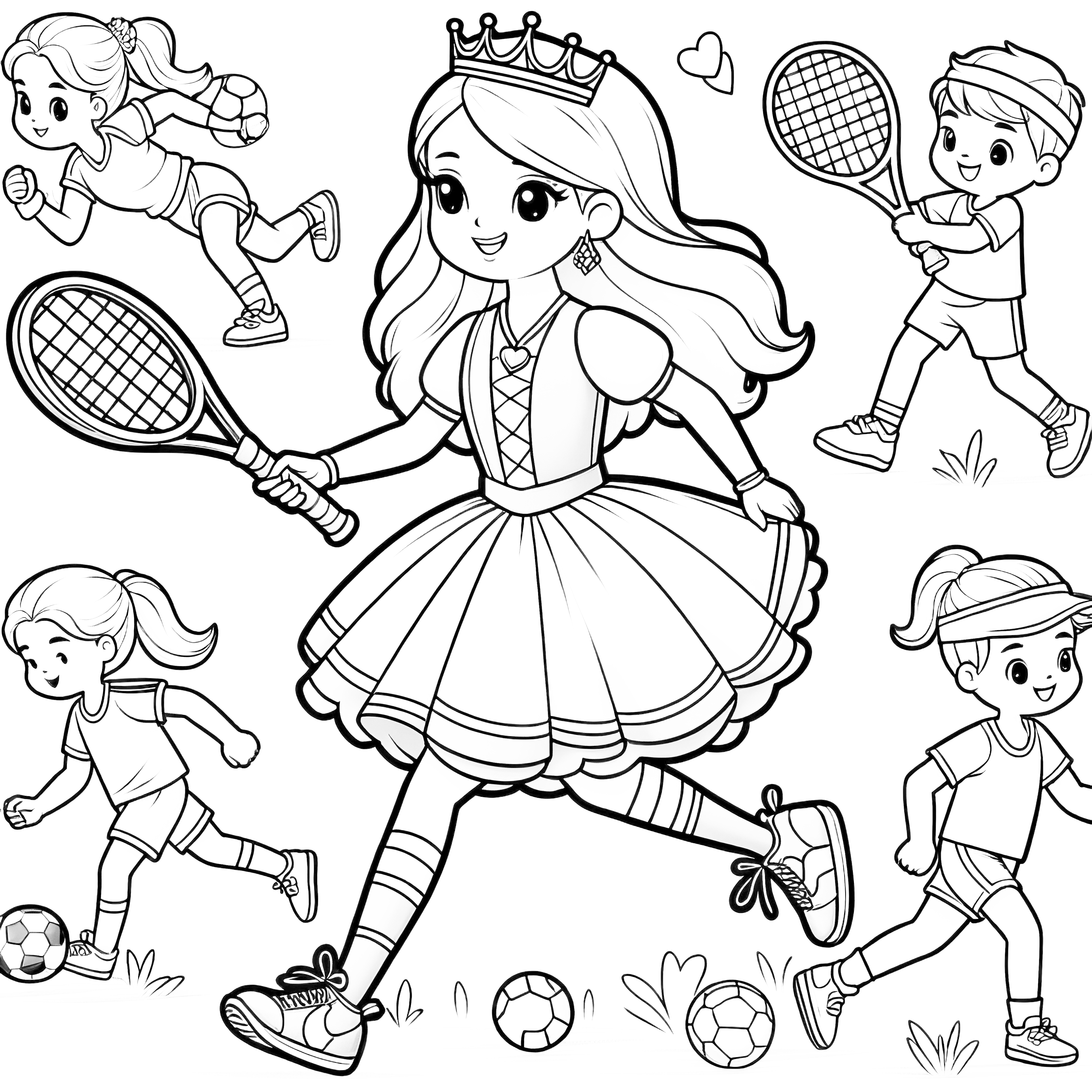 子供たちとテニスをするプリンセスダウンロードするぬり絵 (無料)