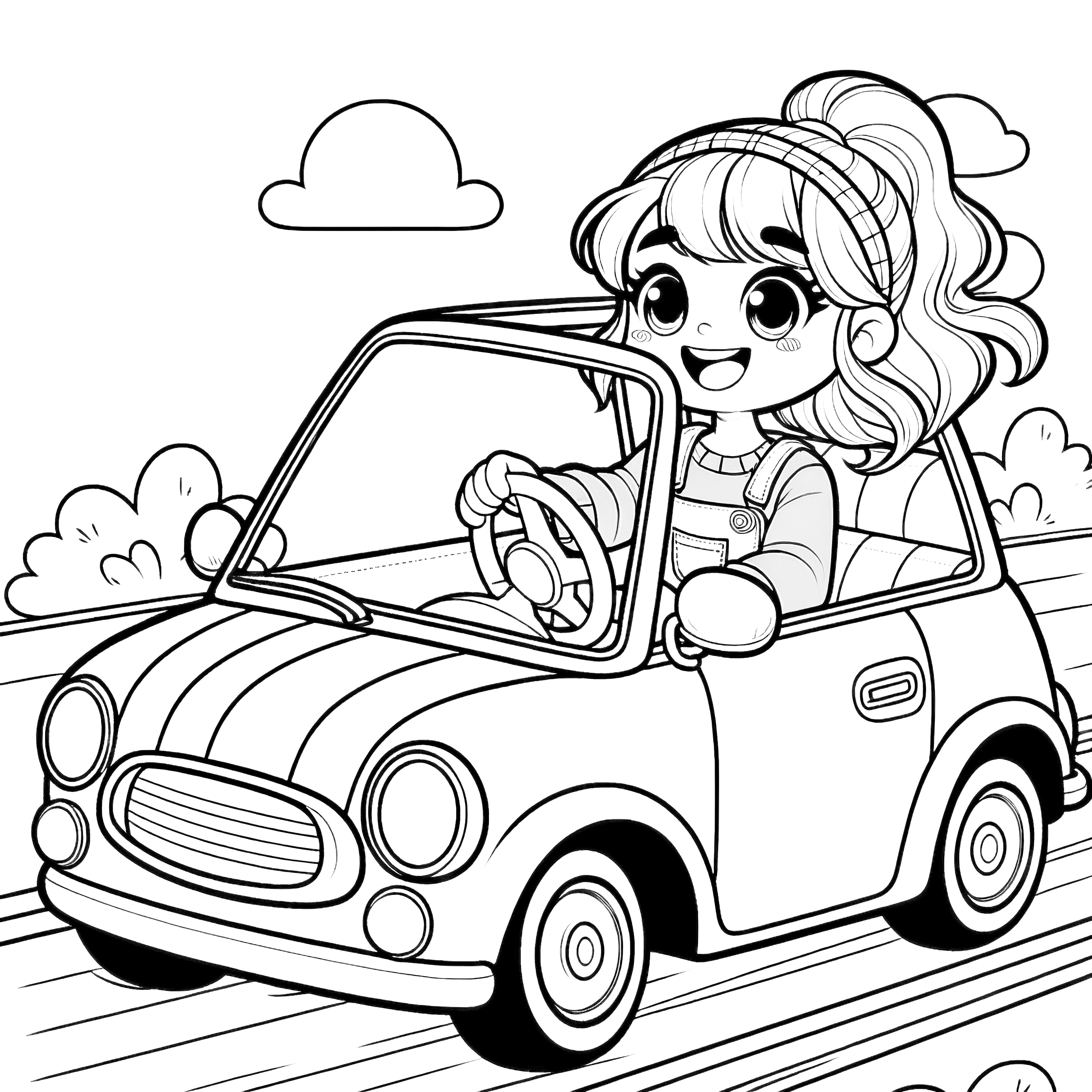 猛スピードで車を運転するプリンセス：子供のためのシンプルなぬり絵（無料）