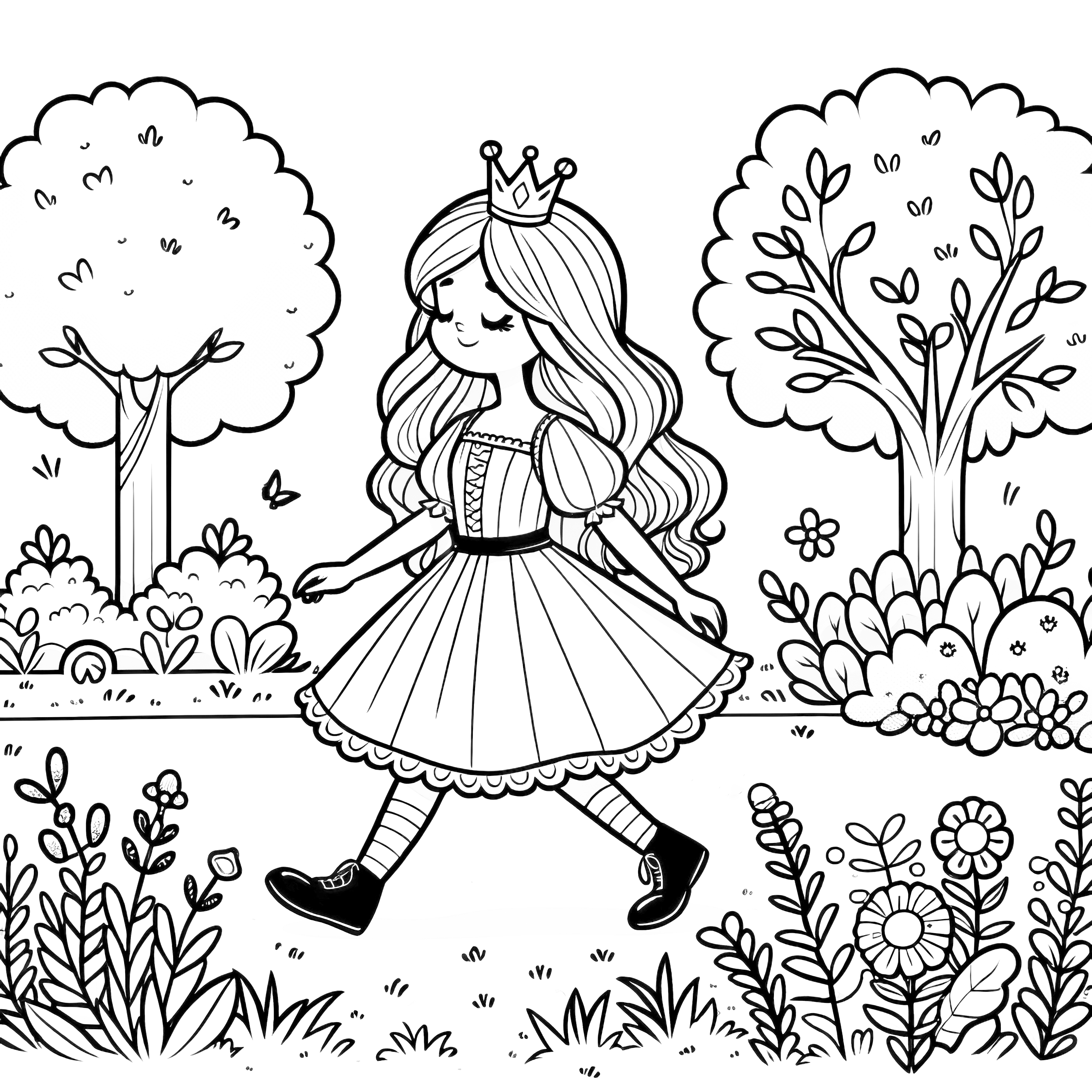 Princess strolls through park with ease: Coloring sheet free
