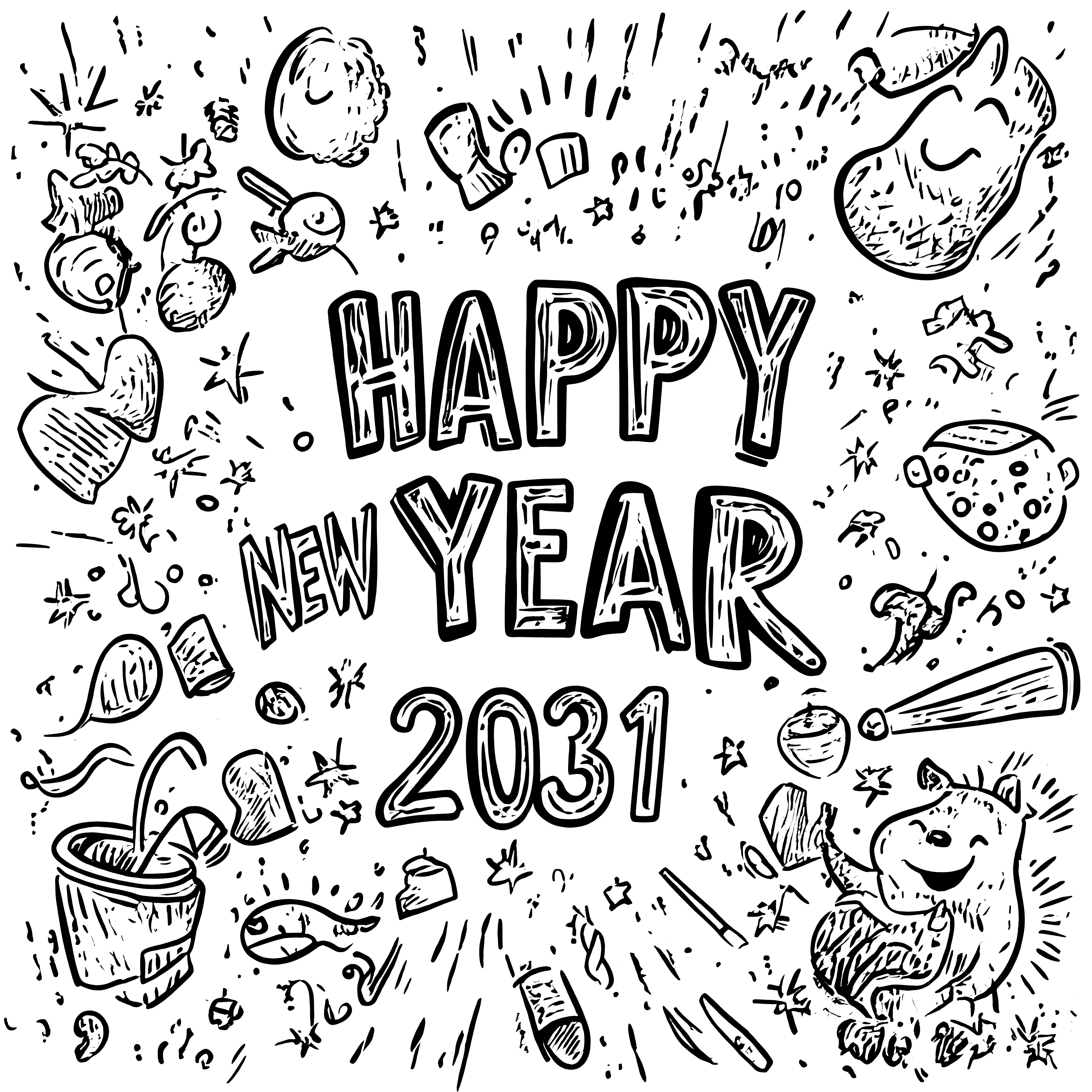 2031년 새해 복 많이 받으세요: 무료 컬러링 페이지