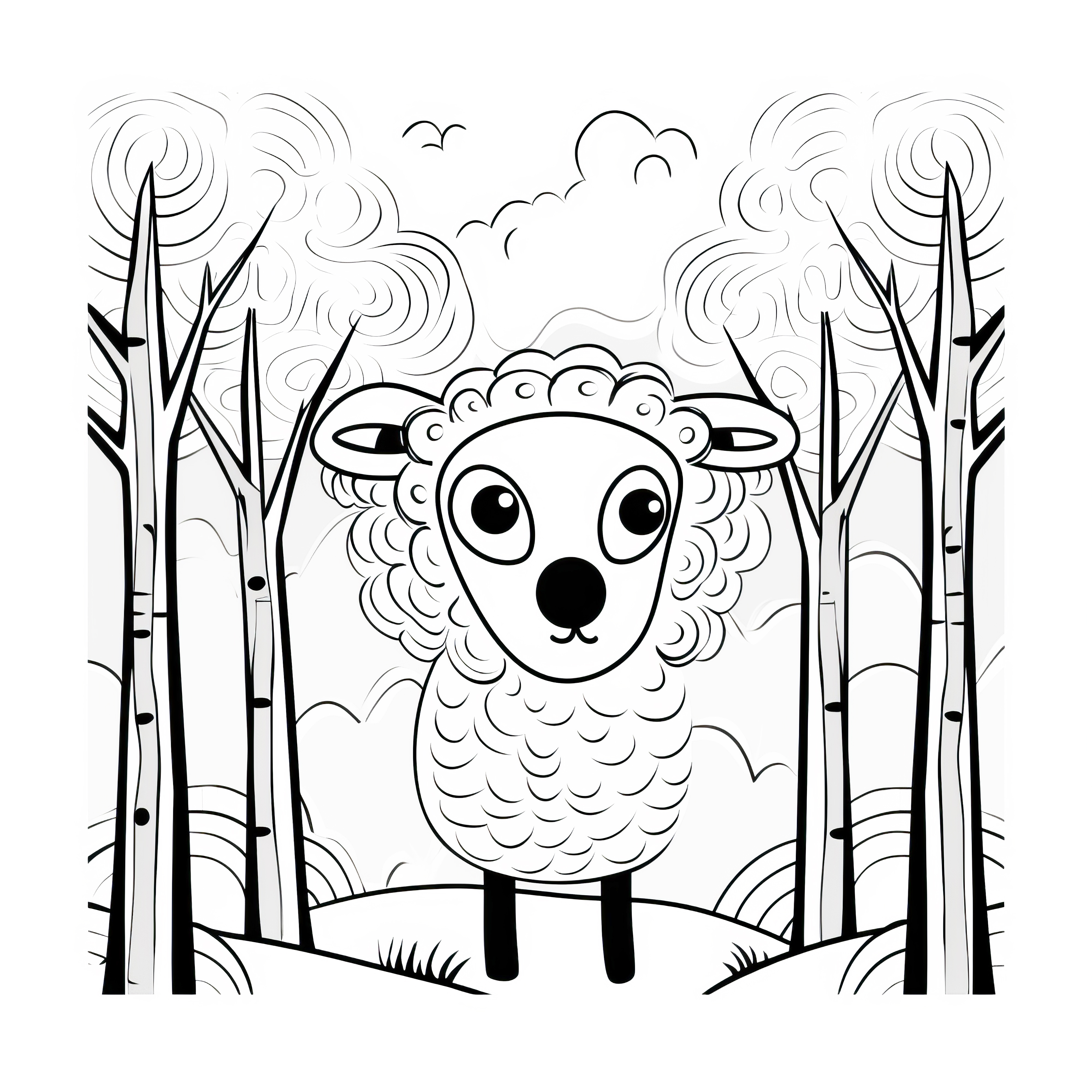 Anxious sheep in the forest: Coloring page for kids (Free)