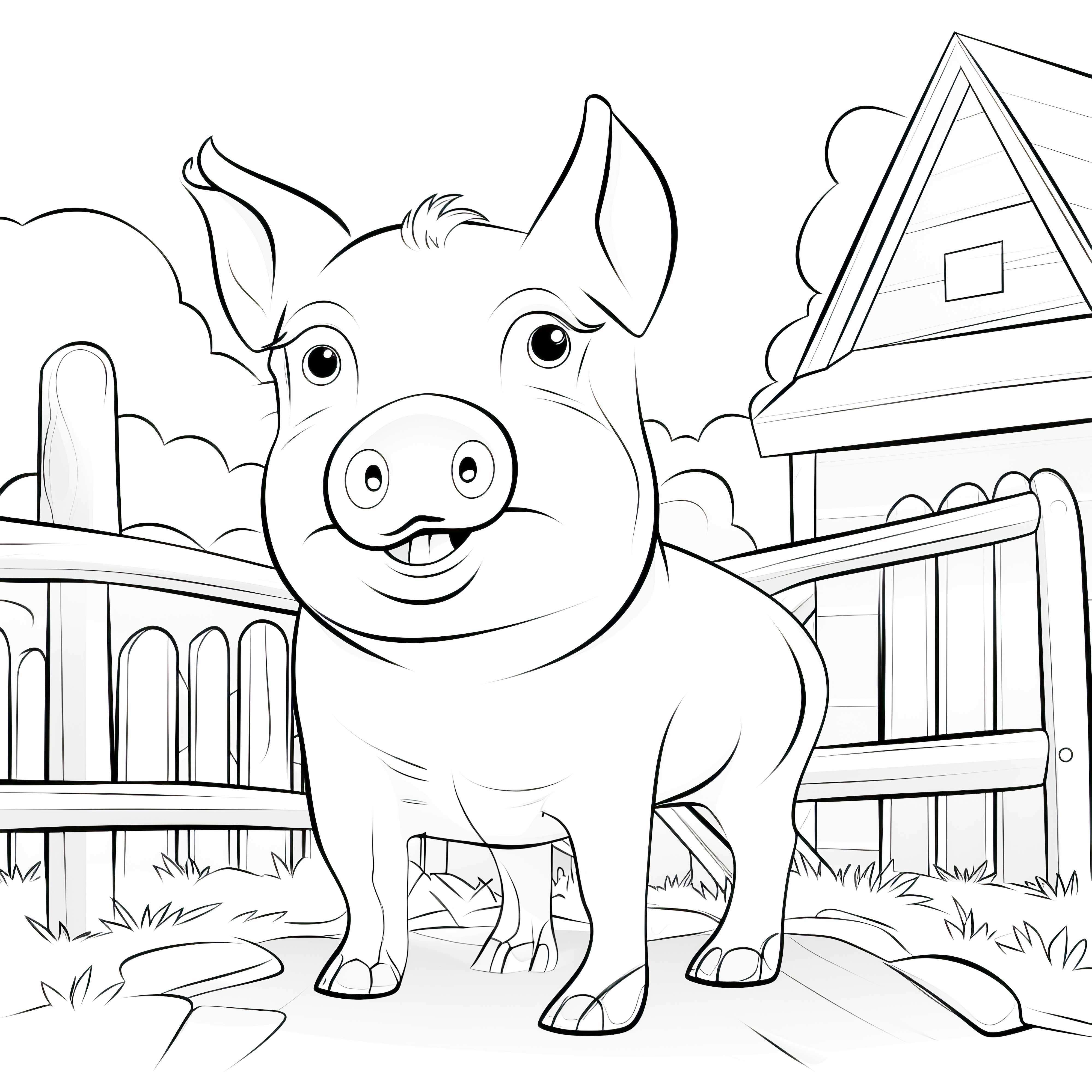 Pig on idyllic farm: Free coloring page for download