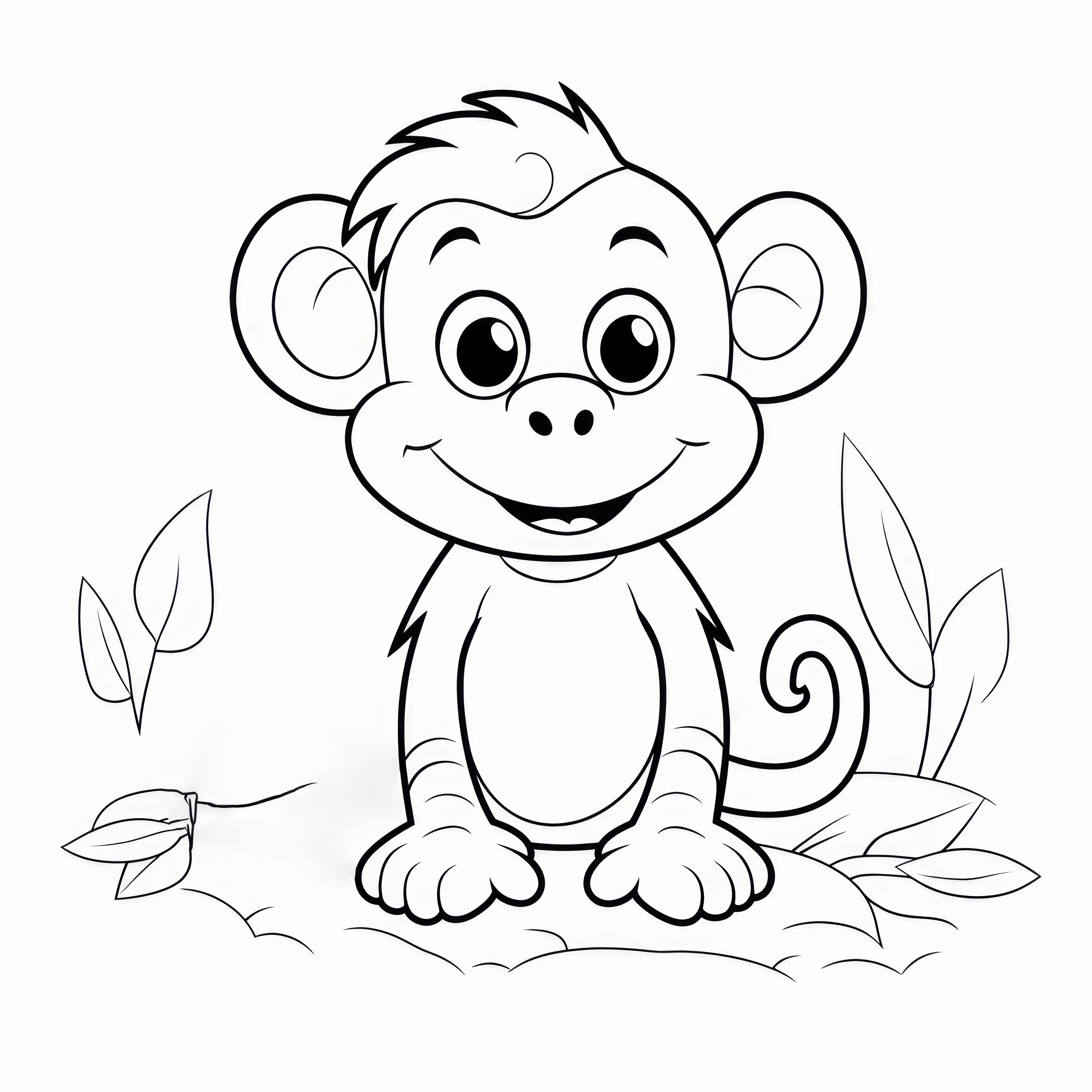 熱帯植物の中で笑う猿：子供のためのシンプルなぬりえページ（無料）