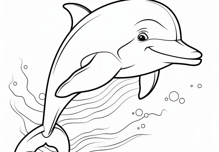 Счастливый дельфин, выпрыгивающий из моря: простая картинка-раскраска для детей (Бесплатно)