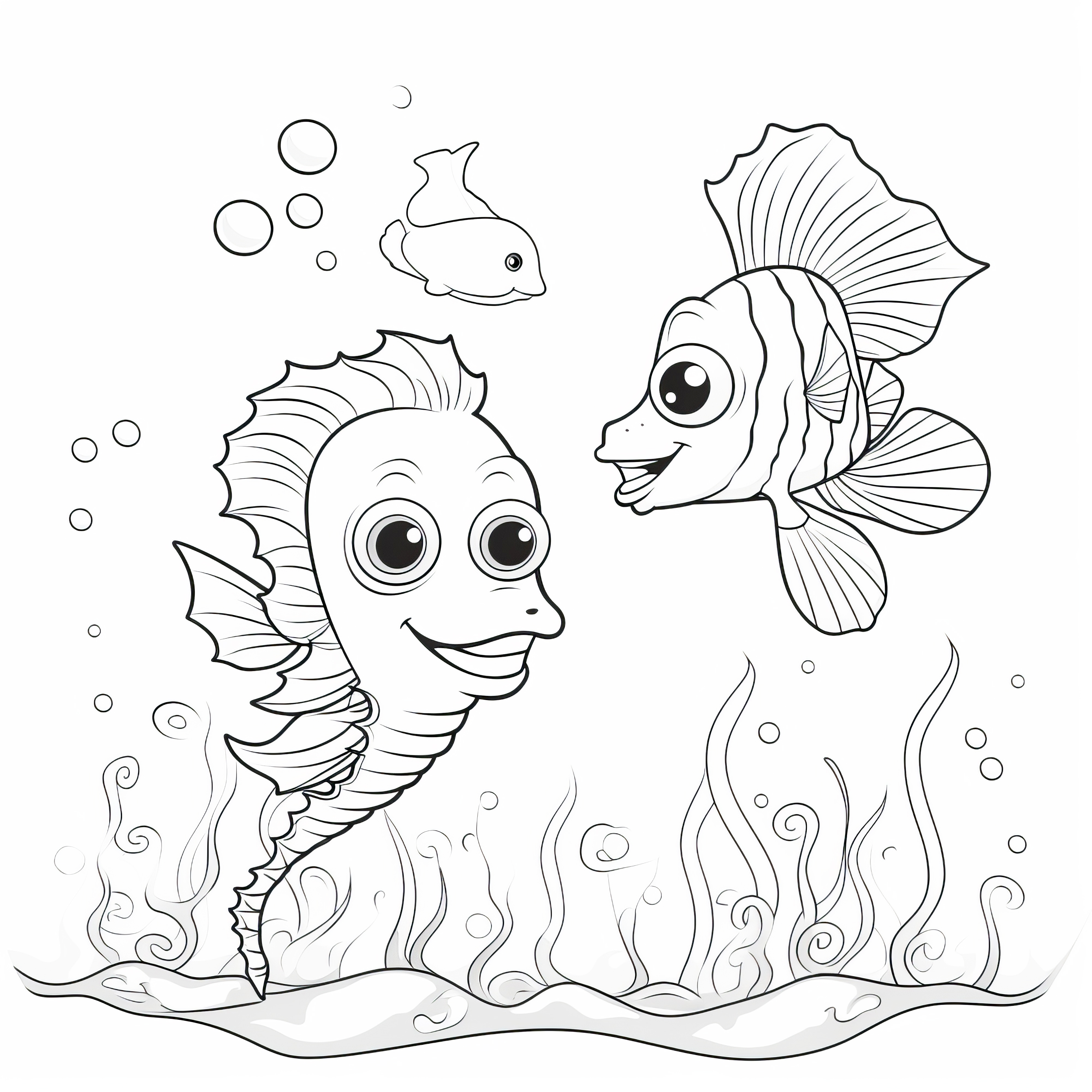 魚と面白いタツノオトシゴ無料でダウンロードぬりえ絵