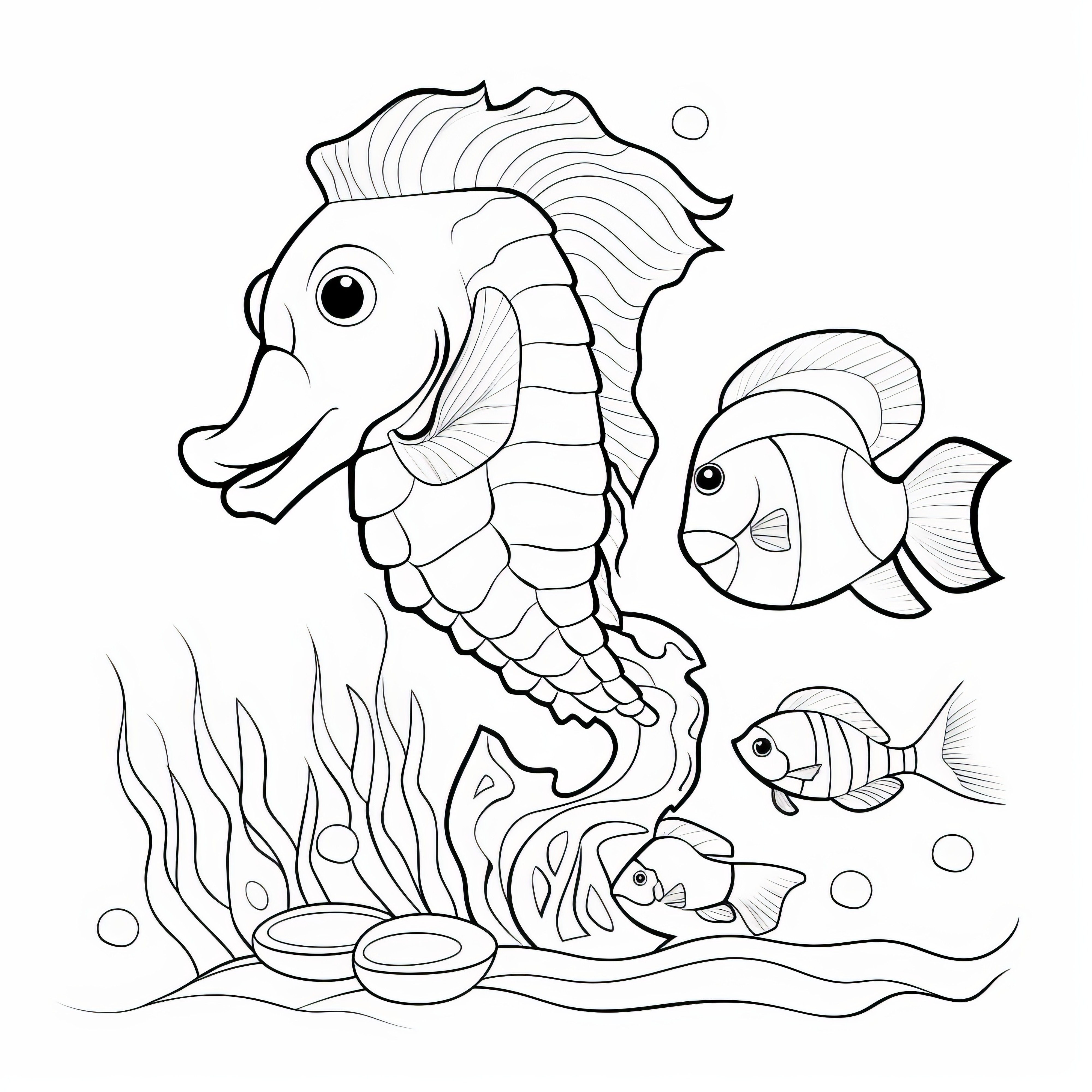 魚の友達とタツノオトシゴ：子供のためのぬり絵 (無料)