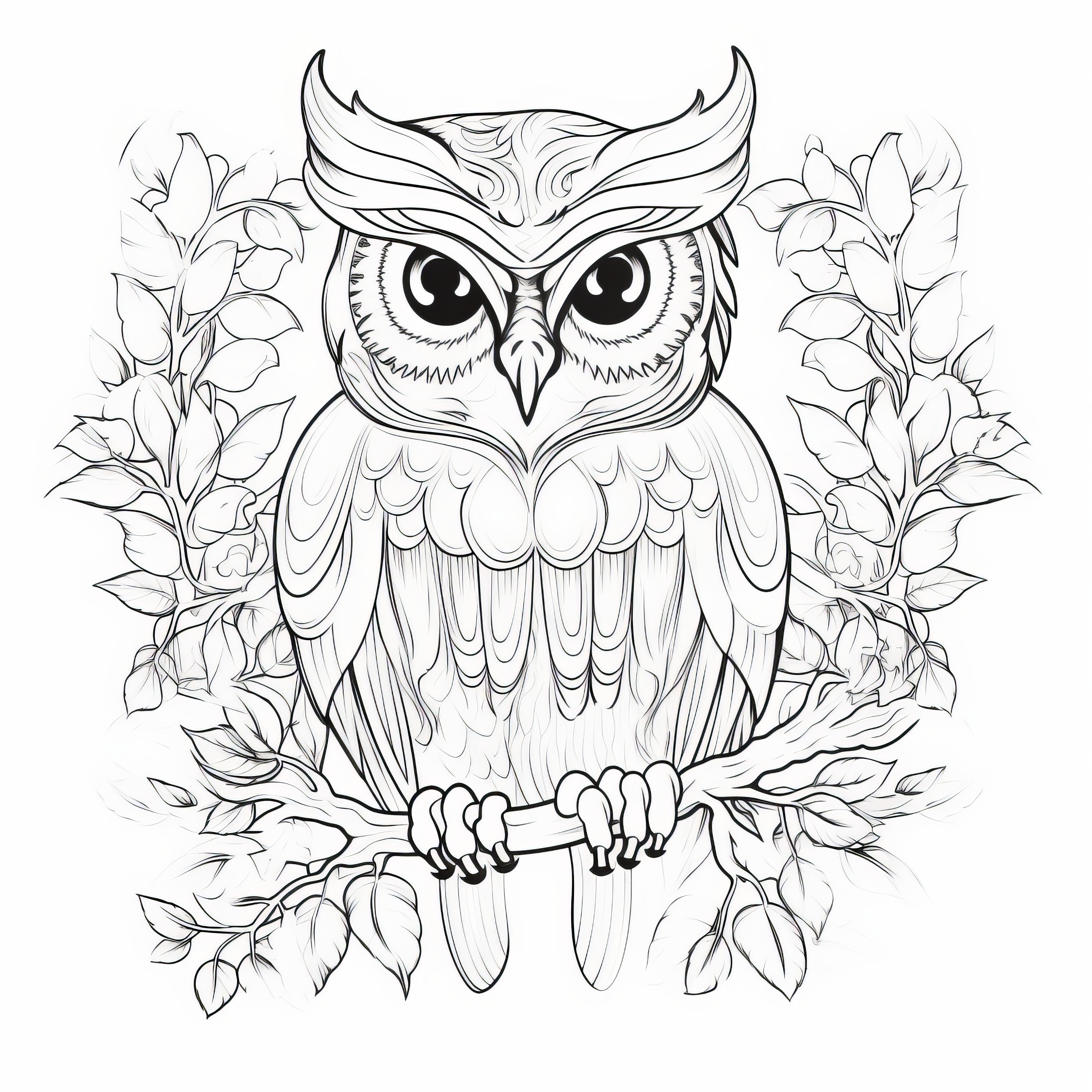 Owl with a serious gaze sitting on a branch with leaves: Free coloring page