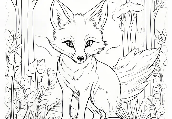 Clever fox in the forest on rocks: Coloring page for download (Free)