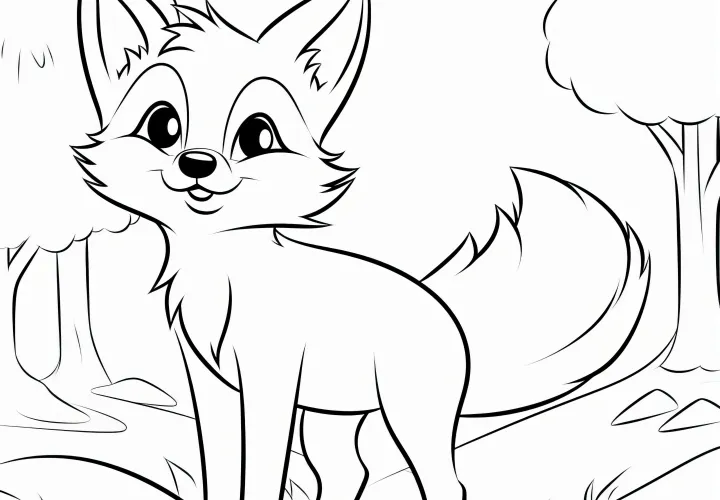 Little fox in the forest on a discovery: Simple coloring page for children (Free)