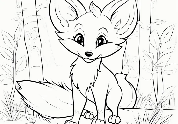 Cute fox cub in the forest: Coloring page for children (Free)