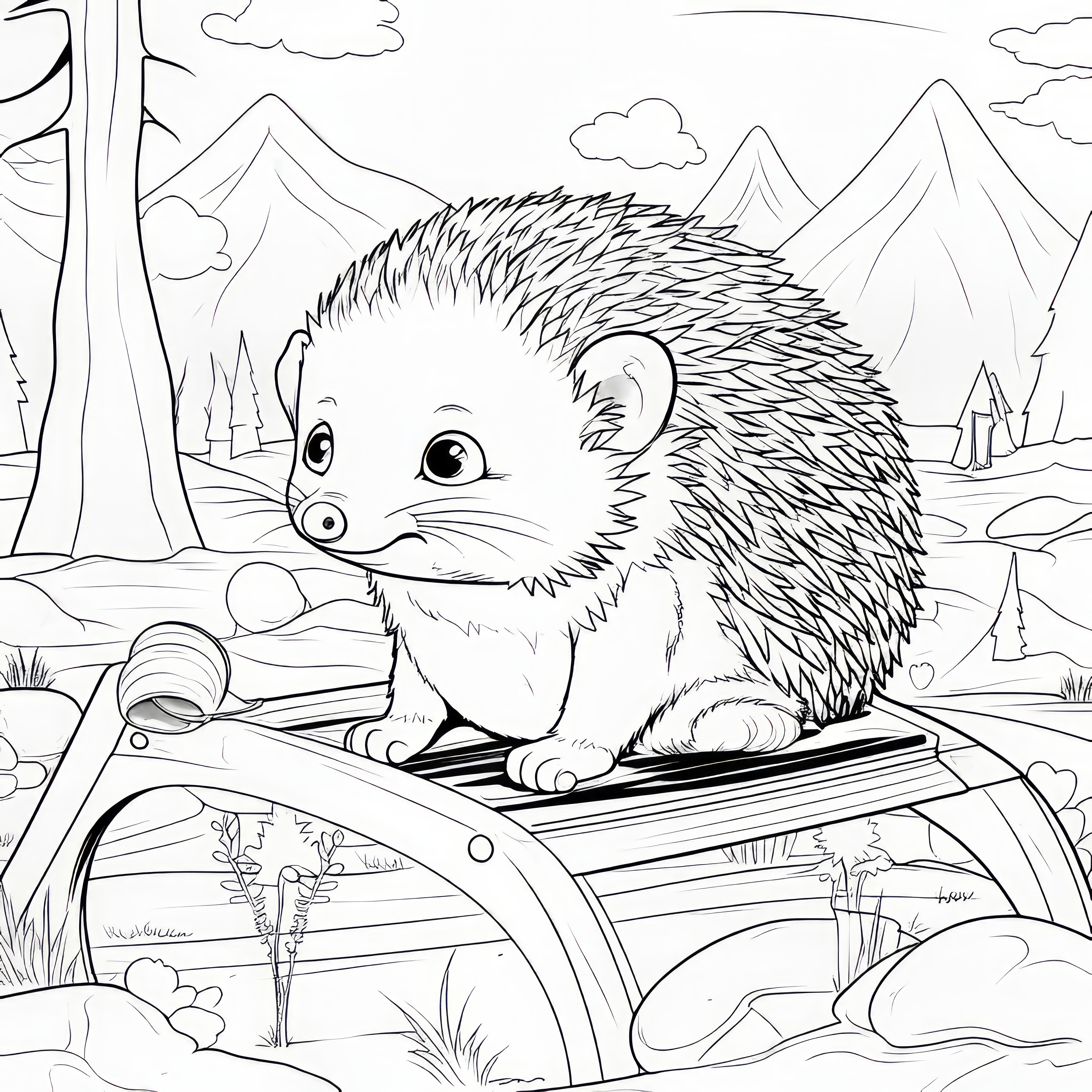 Hedgehog on a bridge in the forest: Free coloring page