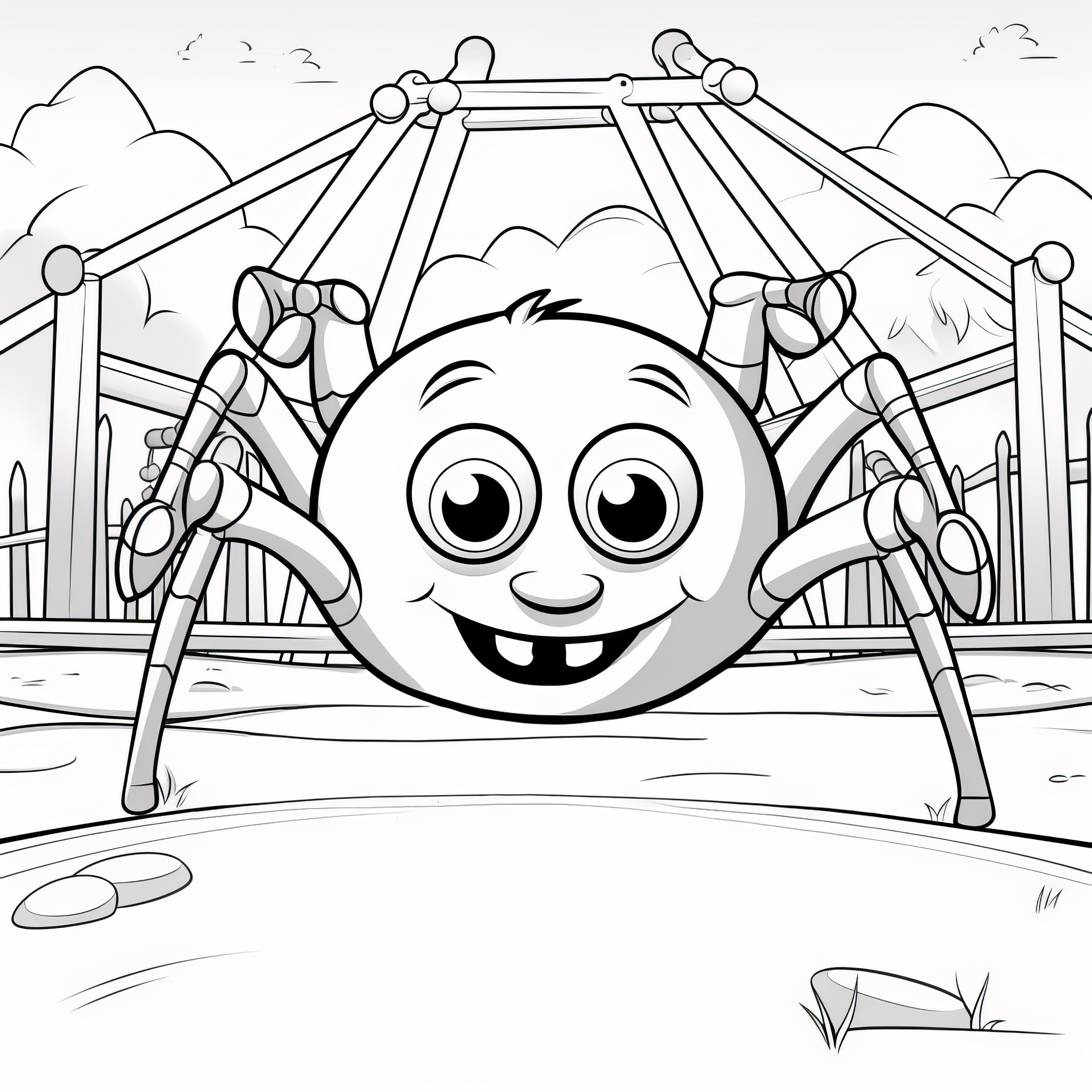 Laughing spider on the playground in cartoon style: Coloring picture for download (Free)