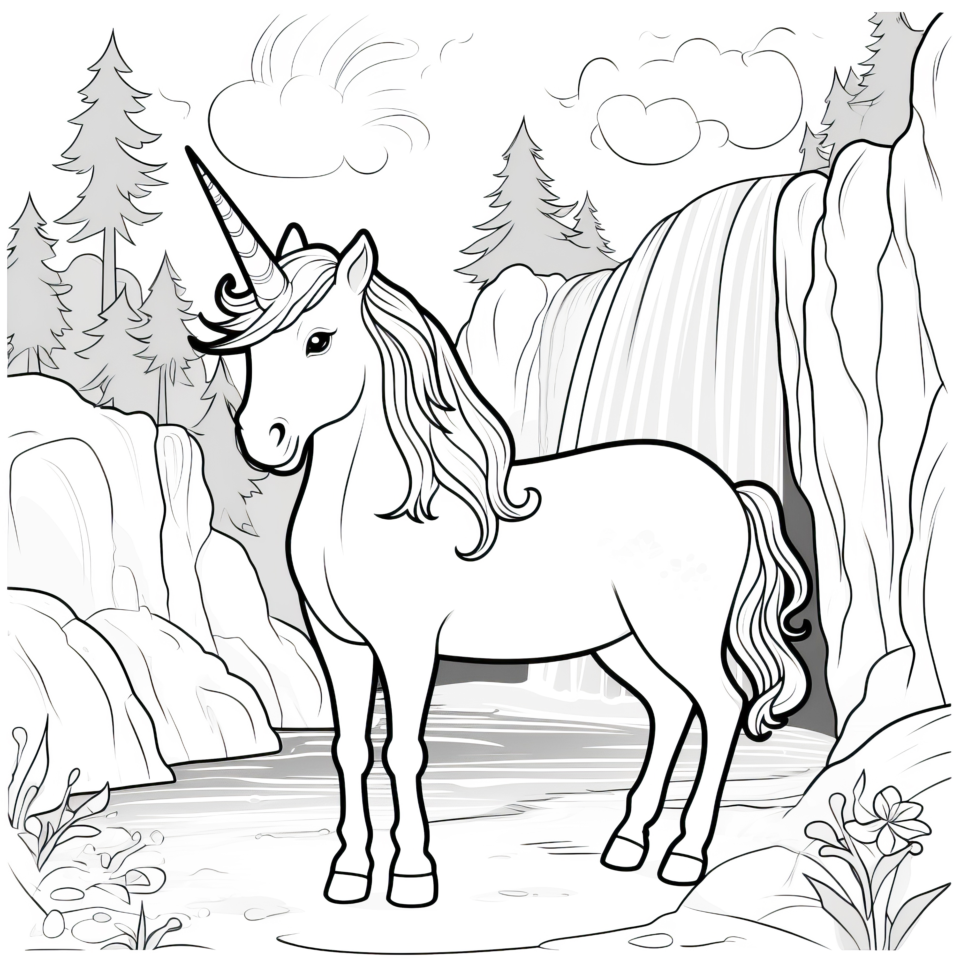 Unicorn at the mountain lake in front of a waterfall: Free coloring page for download