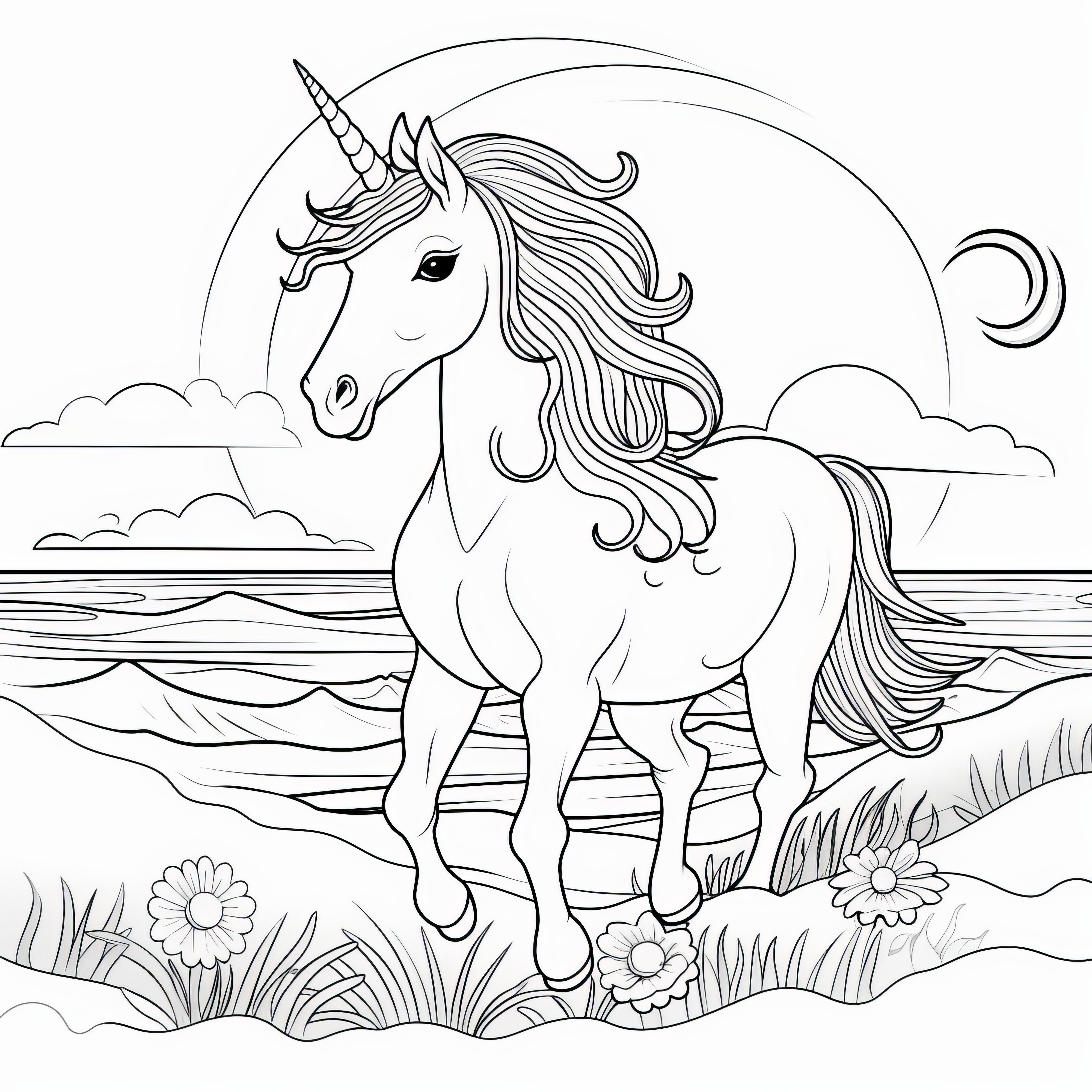 Unicórnio a galopar junto ao mar ao pôr do sol: imagem para colorir grátis
