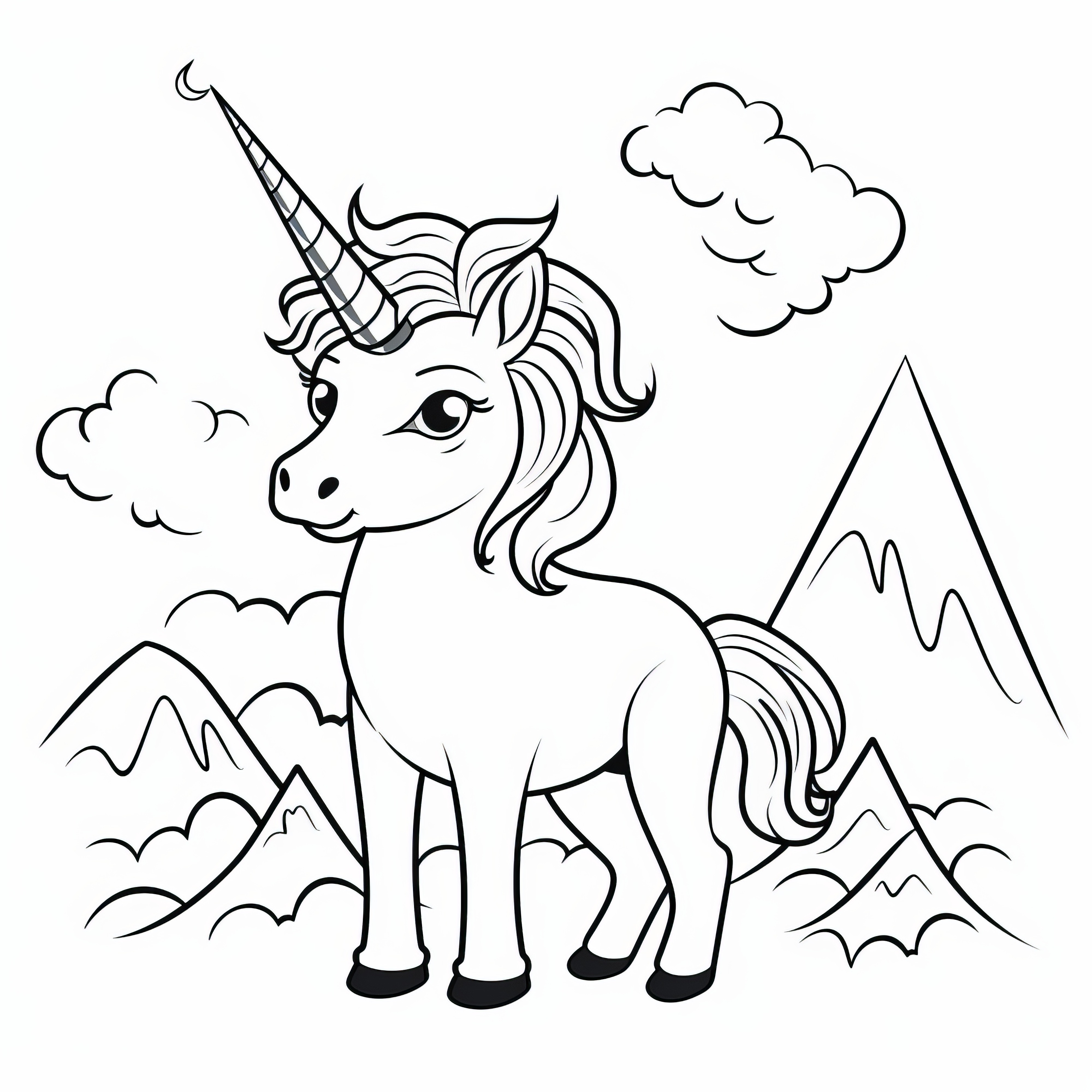 Unicorn in the mountain landscape: Coloring picture for children
