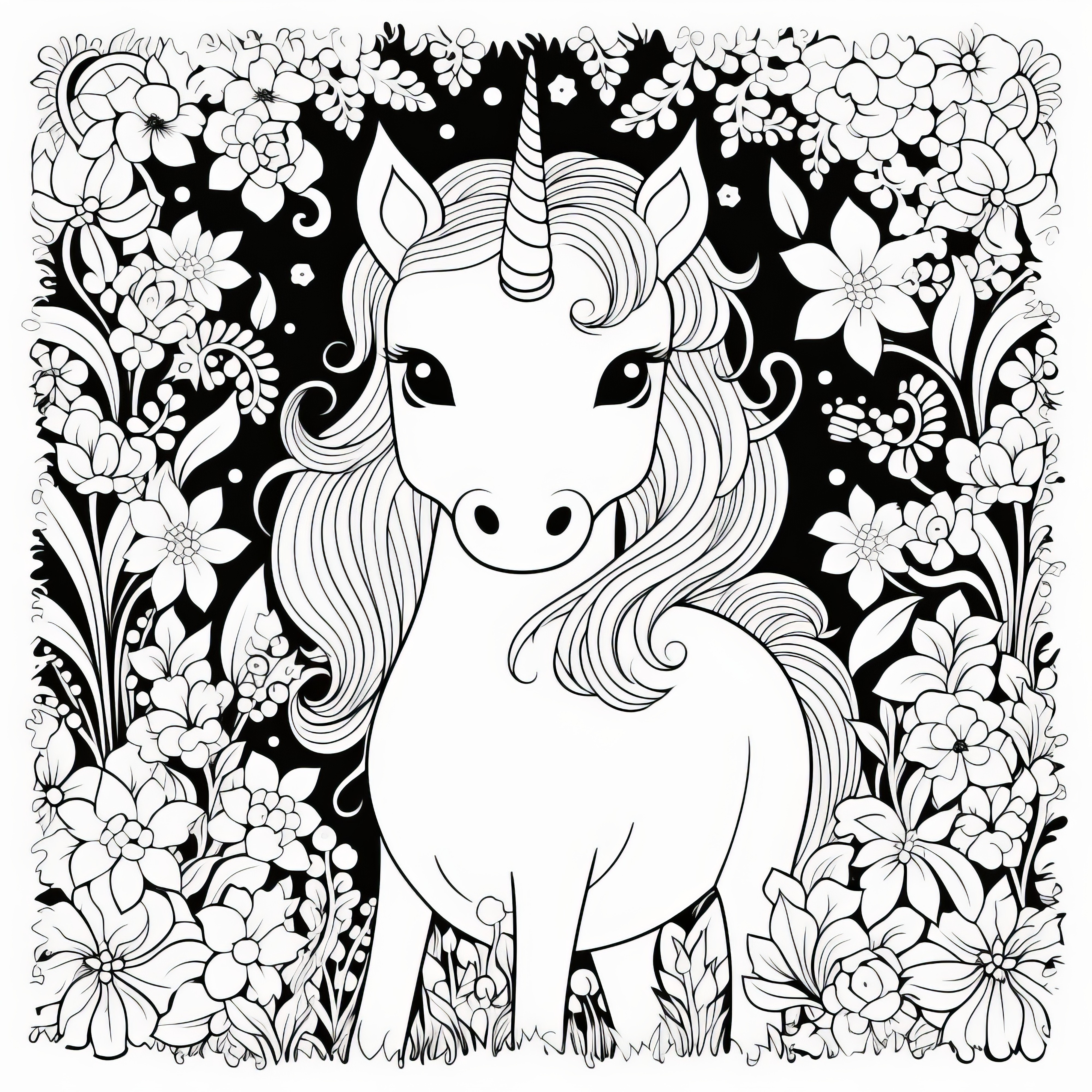 Enchanting unicorn in a flower frame: Picture for coloring (Free)
