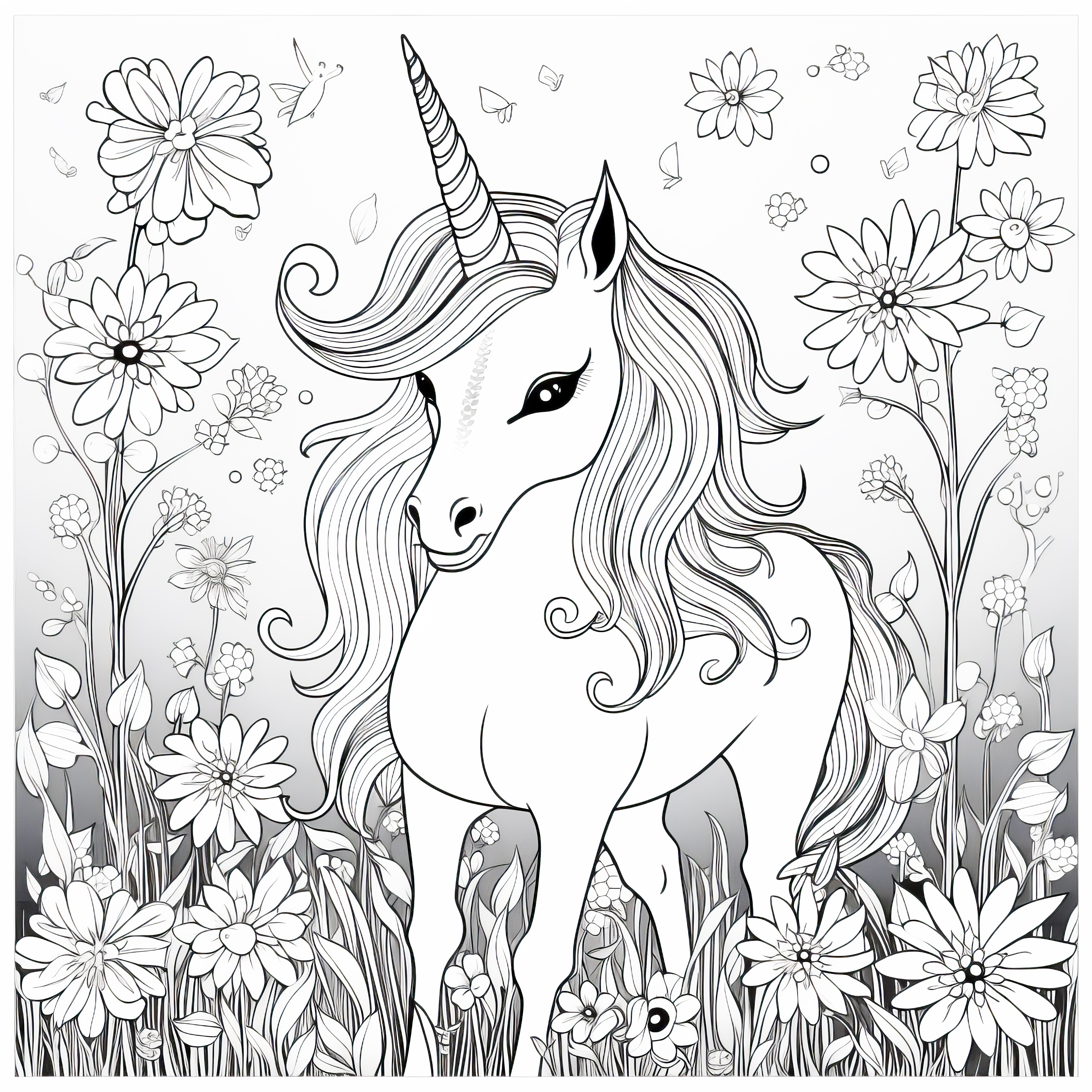 Unicorn on the flower meadow - A coloring picture