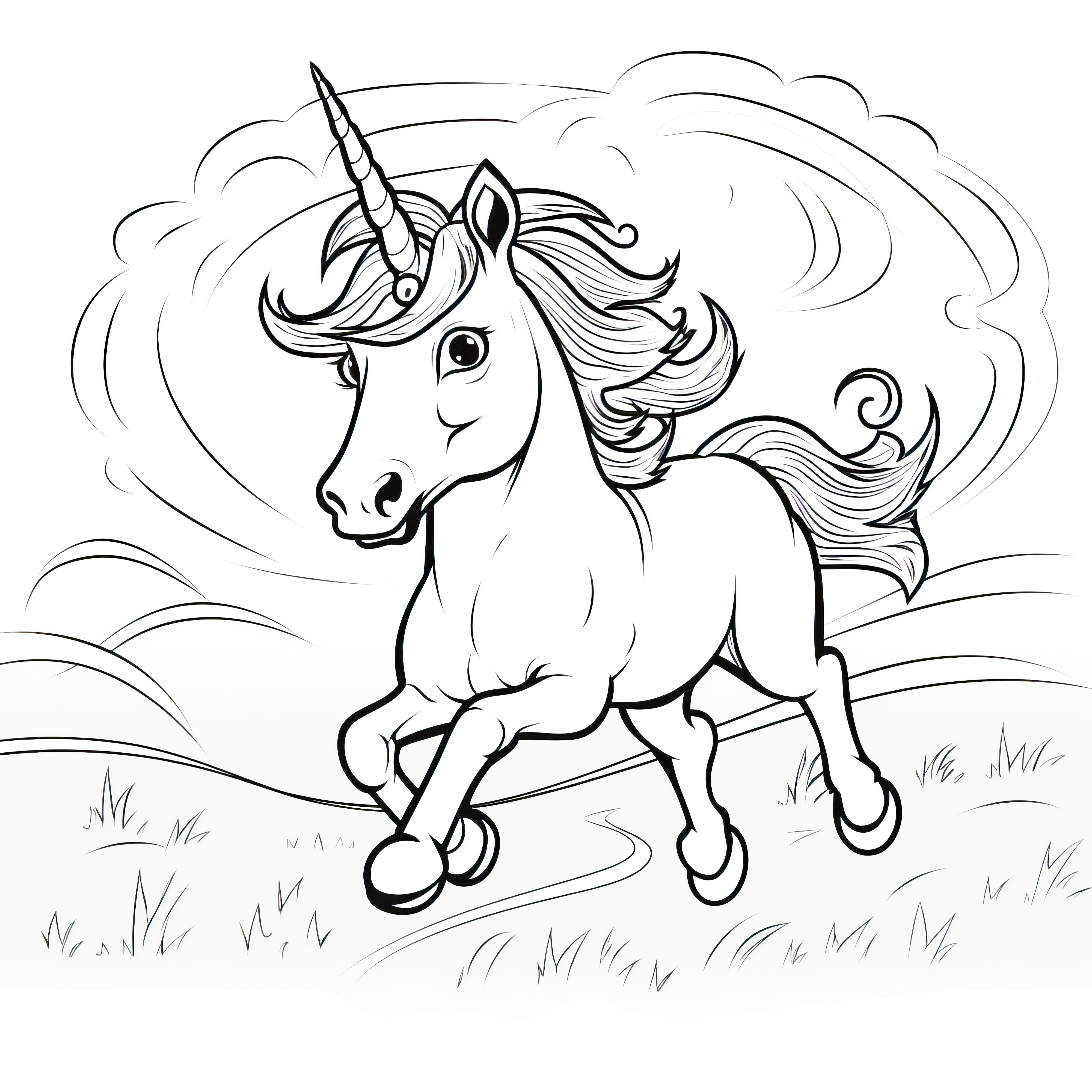 Unicorn galloping through landscape: coloring picture