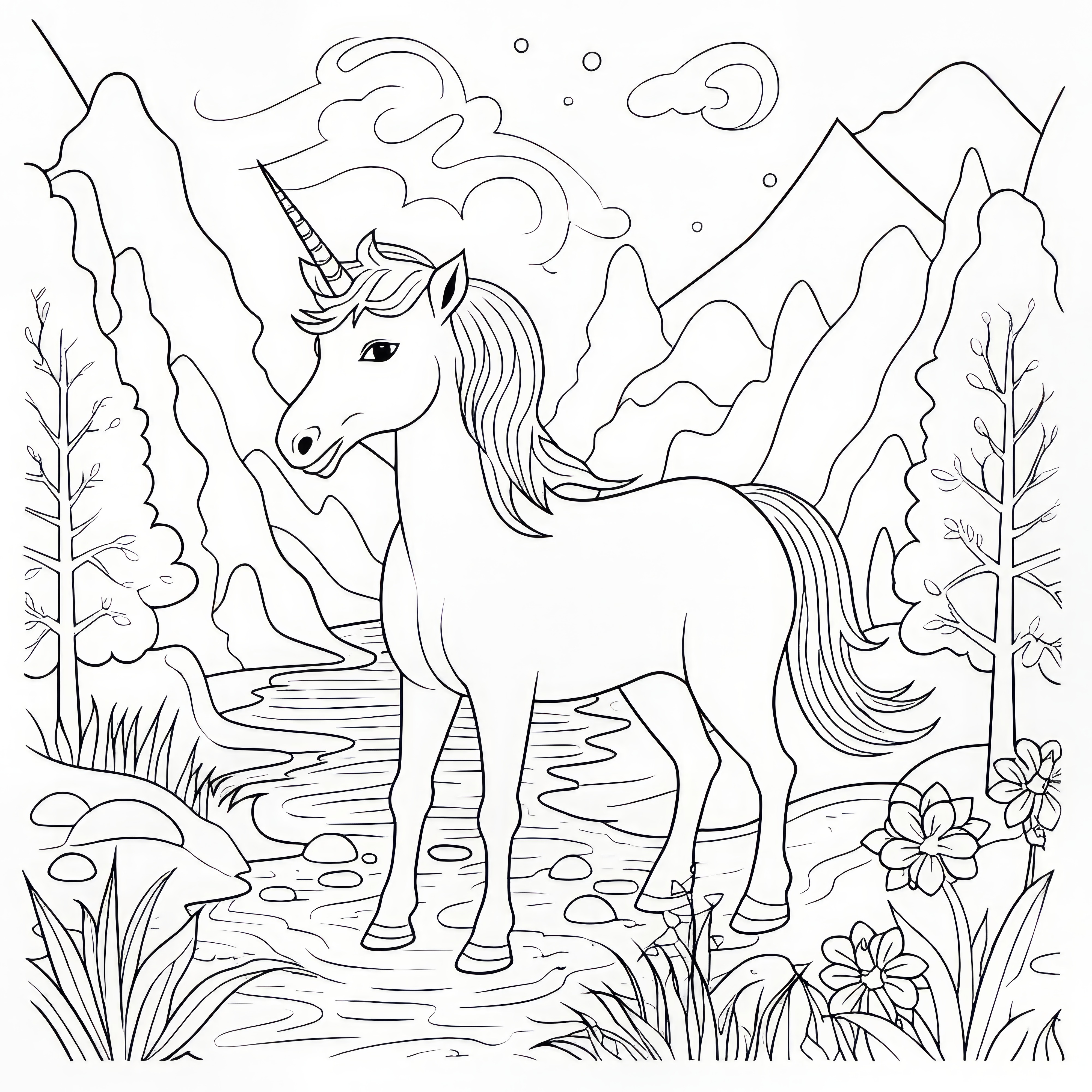 Cute unicorn in the mountains by the mountain stream: Coloring picture for download (Free)