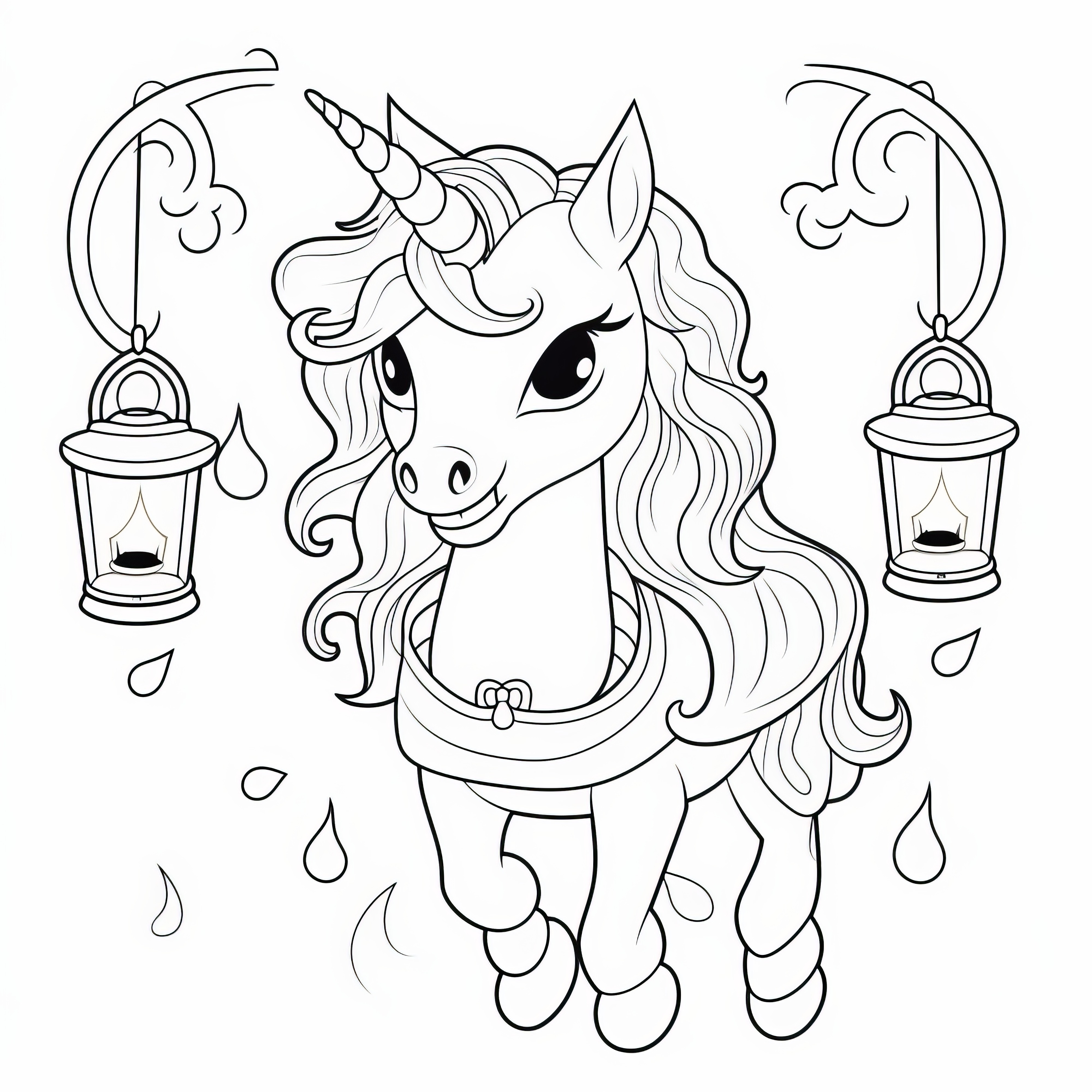 Jumping unicorn with a magnificent mane and candle lamps (coloring page for free)