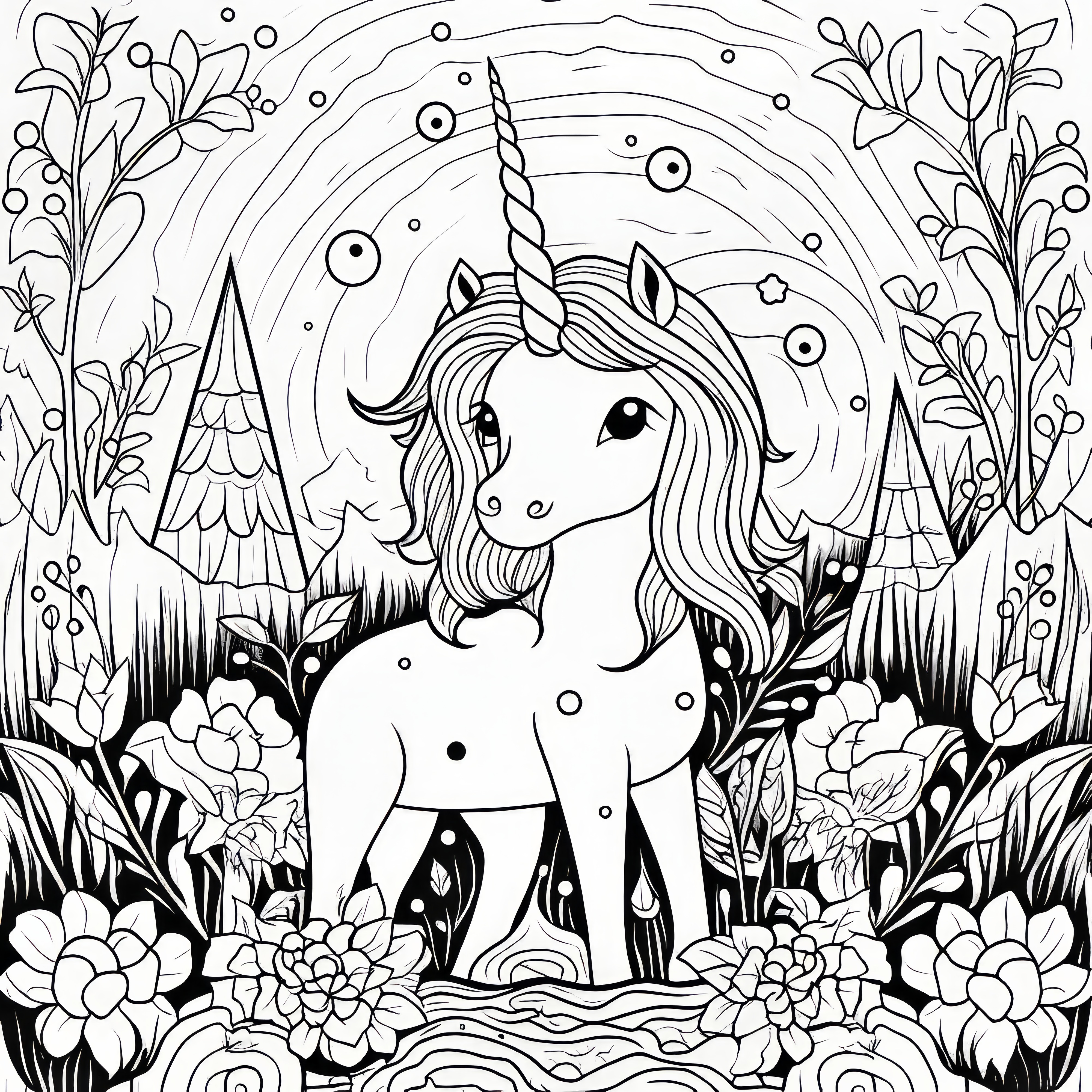 A unicorn in the enchanted forest: coloring picture in amazing quality