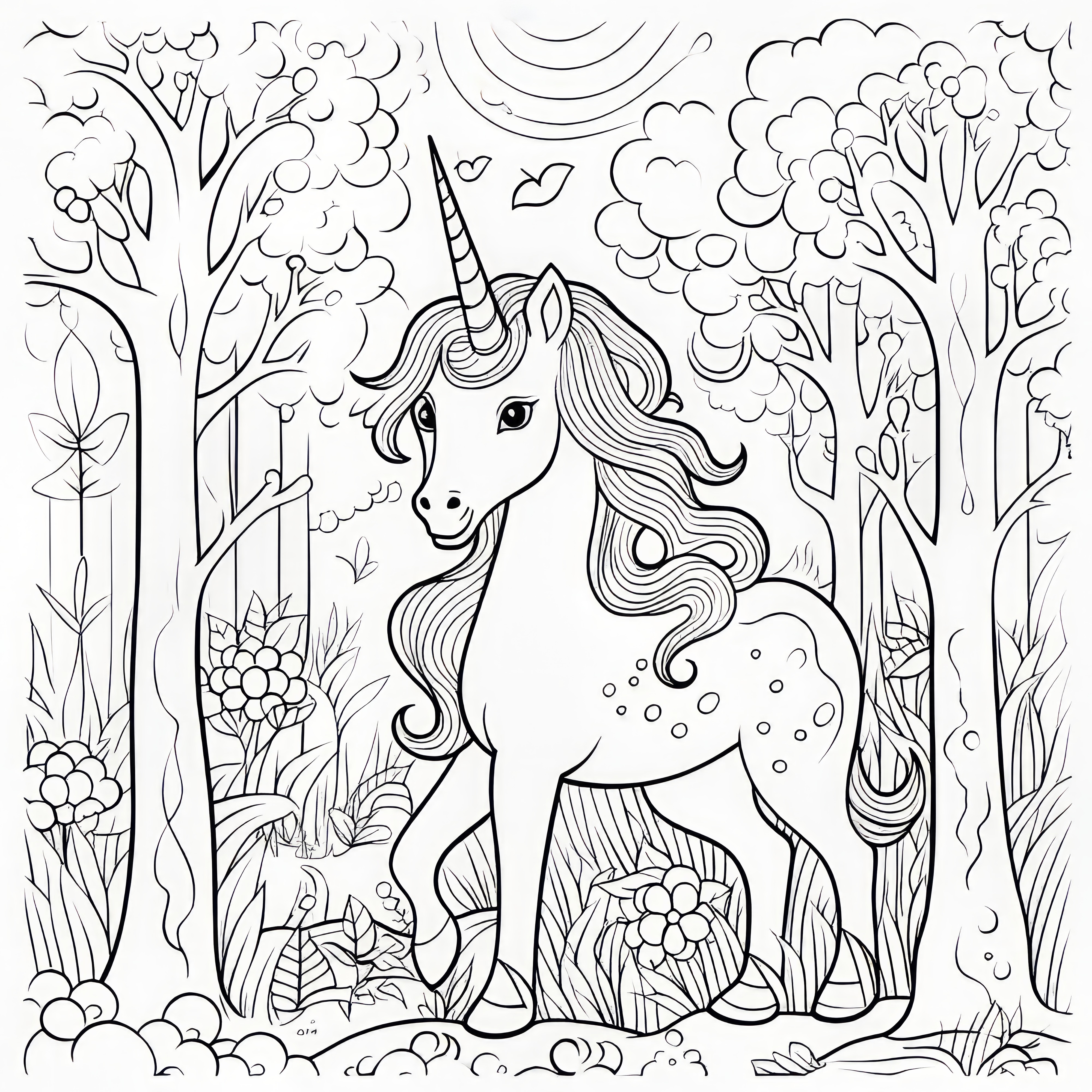 Unicorn with a sparkling mane in the fairy forest: Picture for coloring (Free)