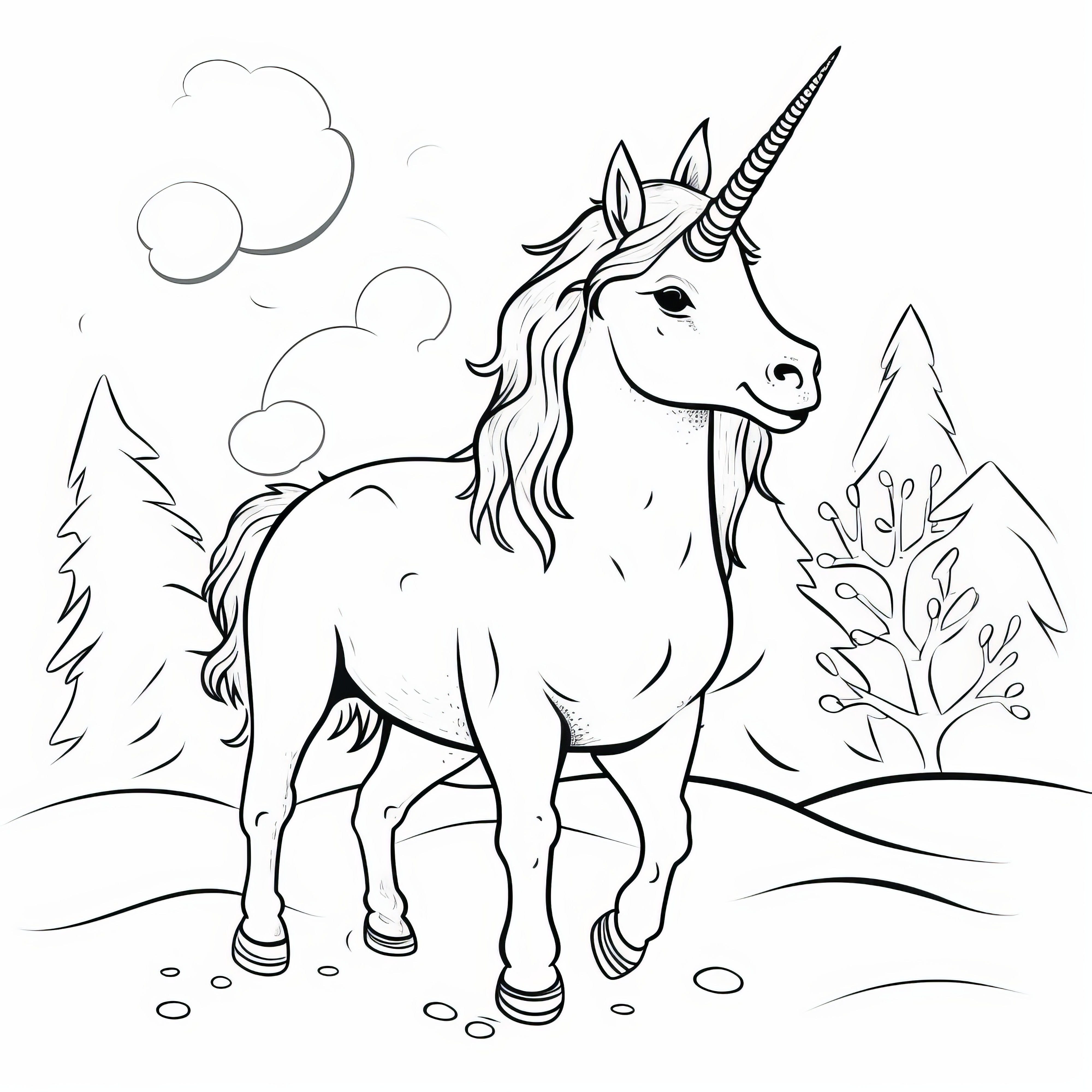 Unicorn trudges through snowy landscape: coloring picture for kids (Free)