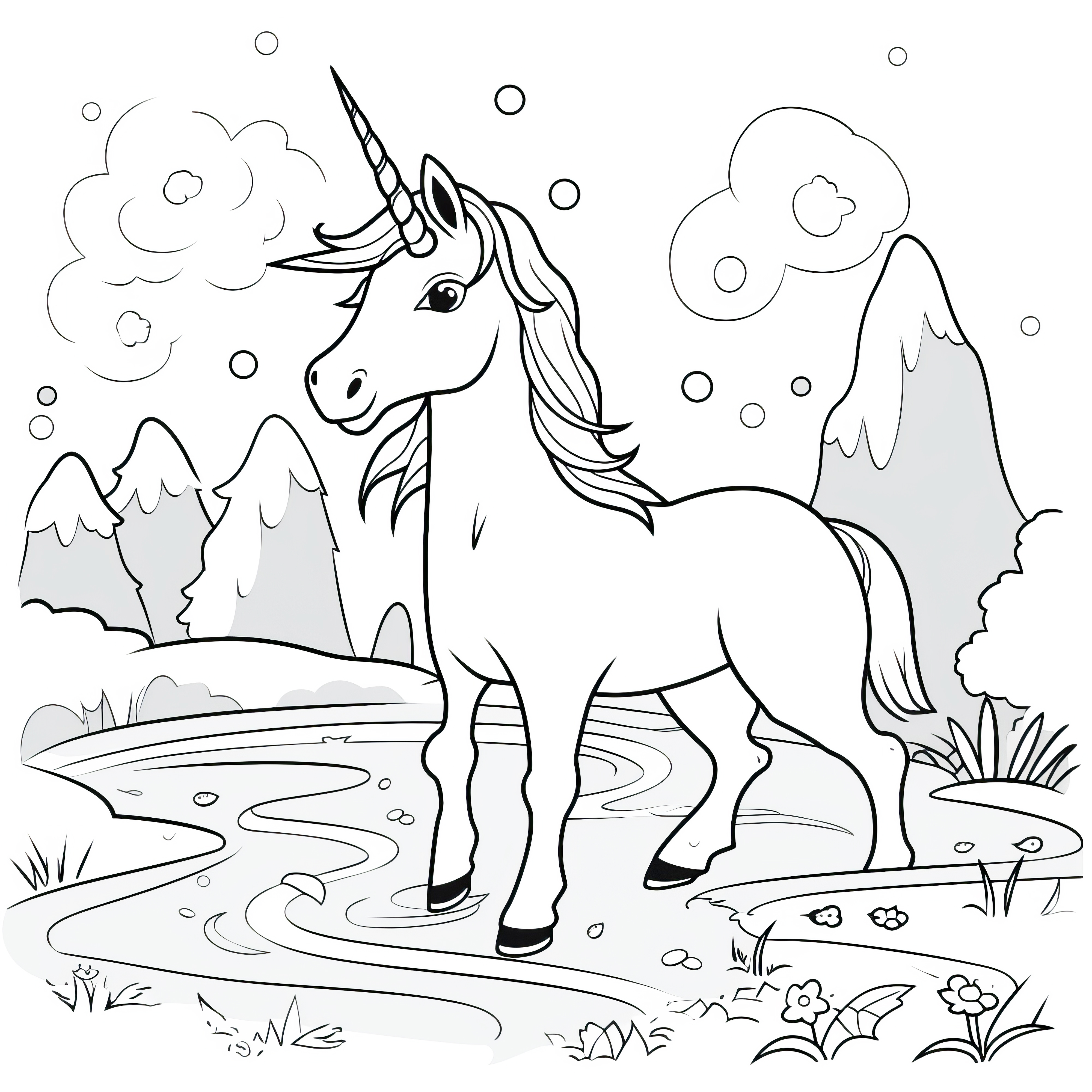 Unicórnio numa paisagem montanhosa com neve: Desenho simples para colorir (gratuito)