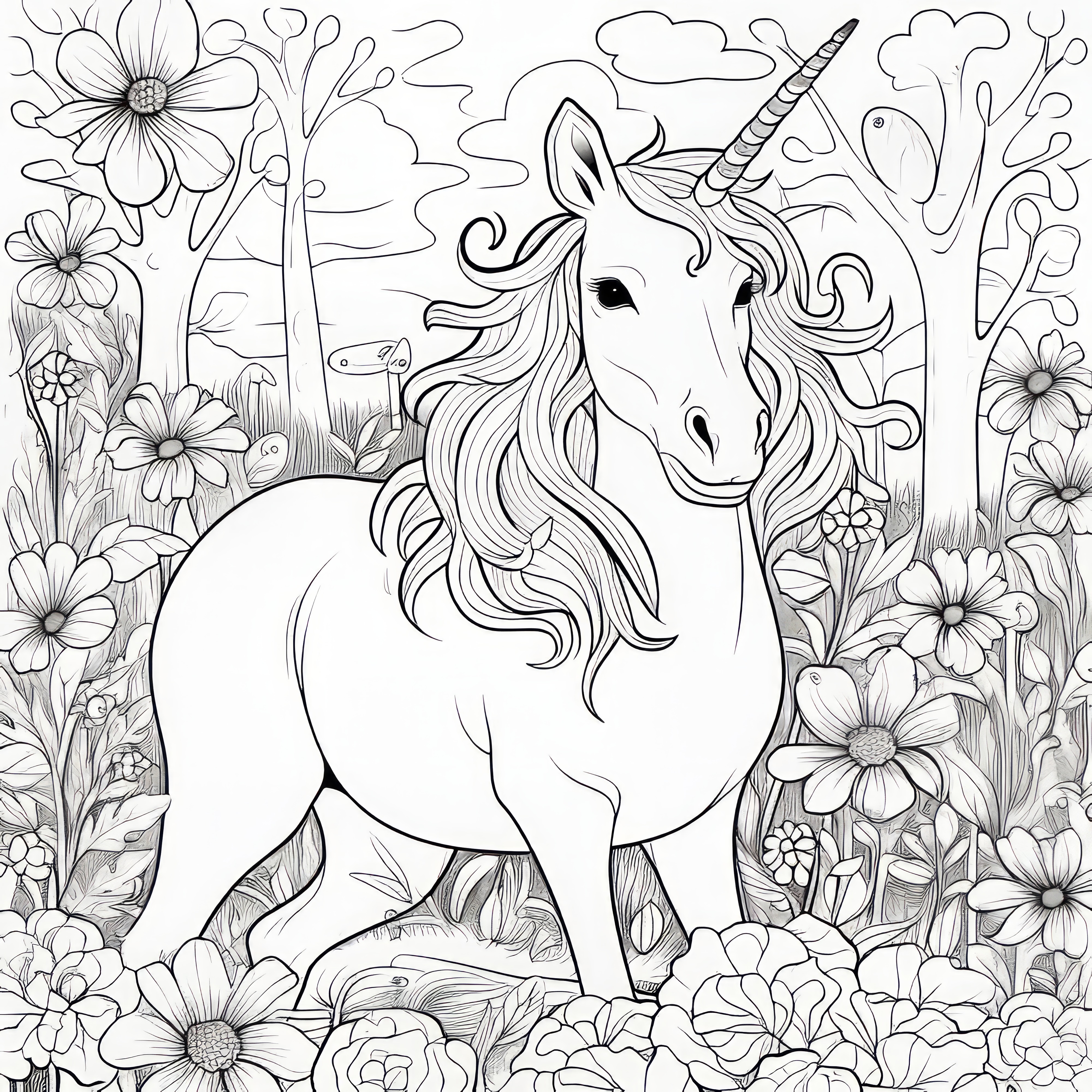 Unicorn in the colorful flower forest: Detailed coloring picture for printing (Free)