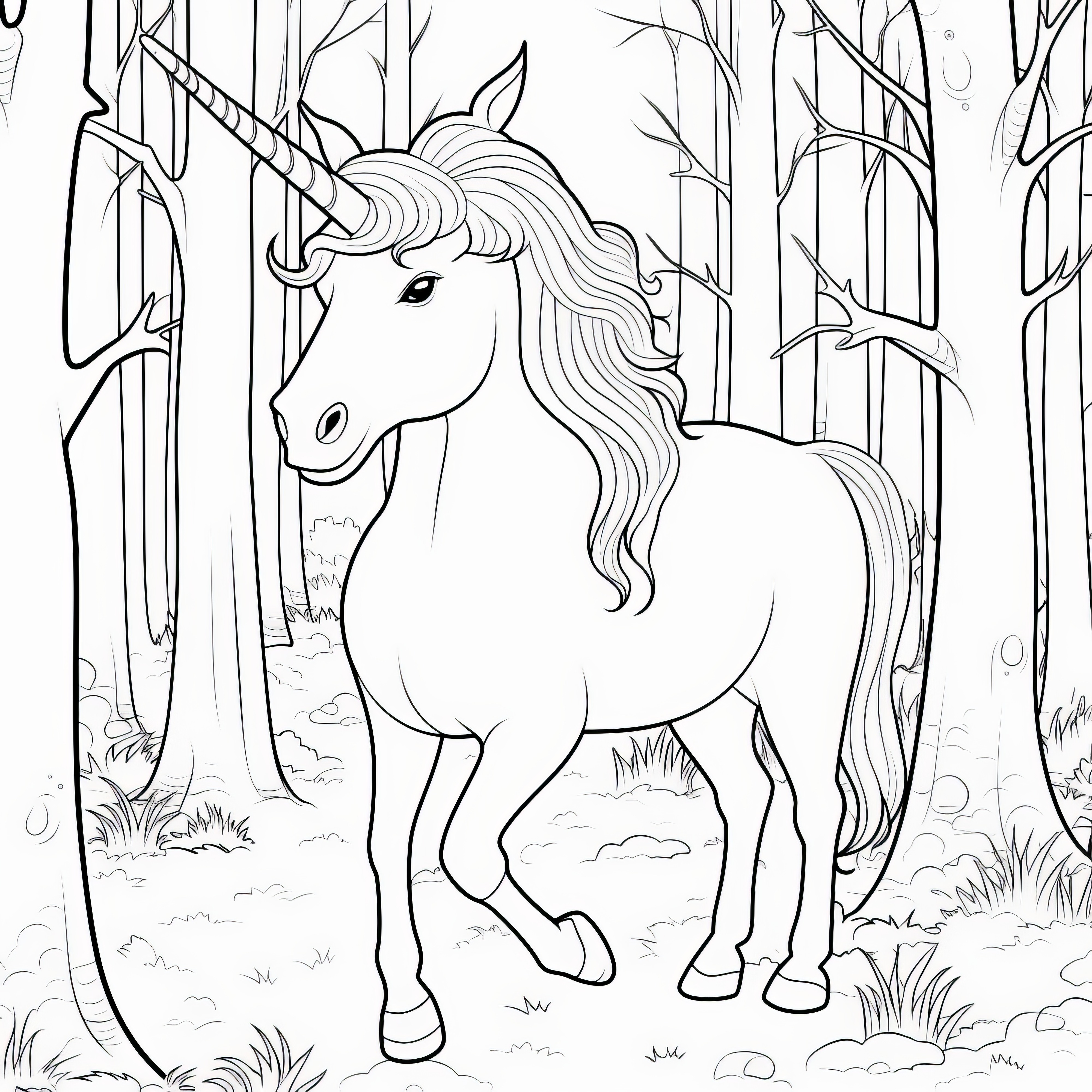 Unicorn in the mystical forest: Simple coloring sheet (Download for free)