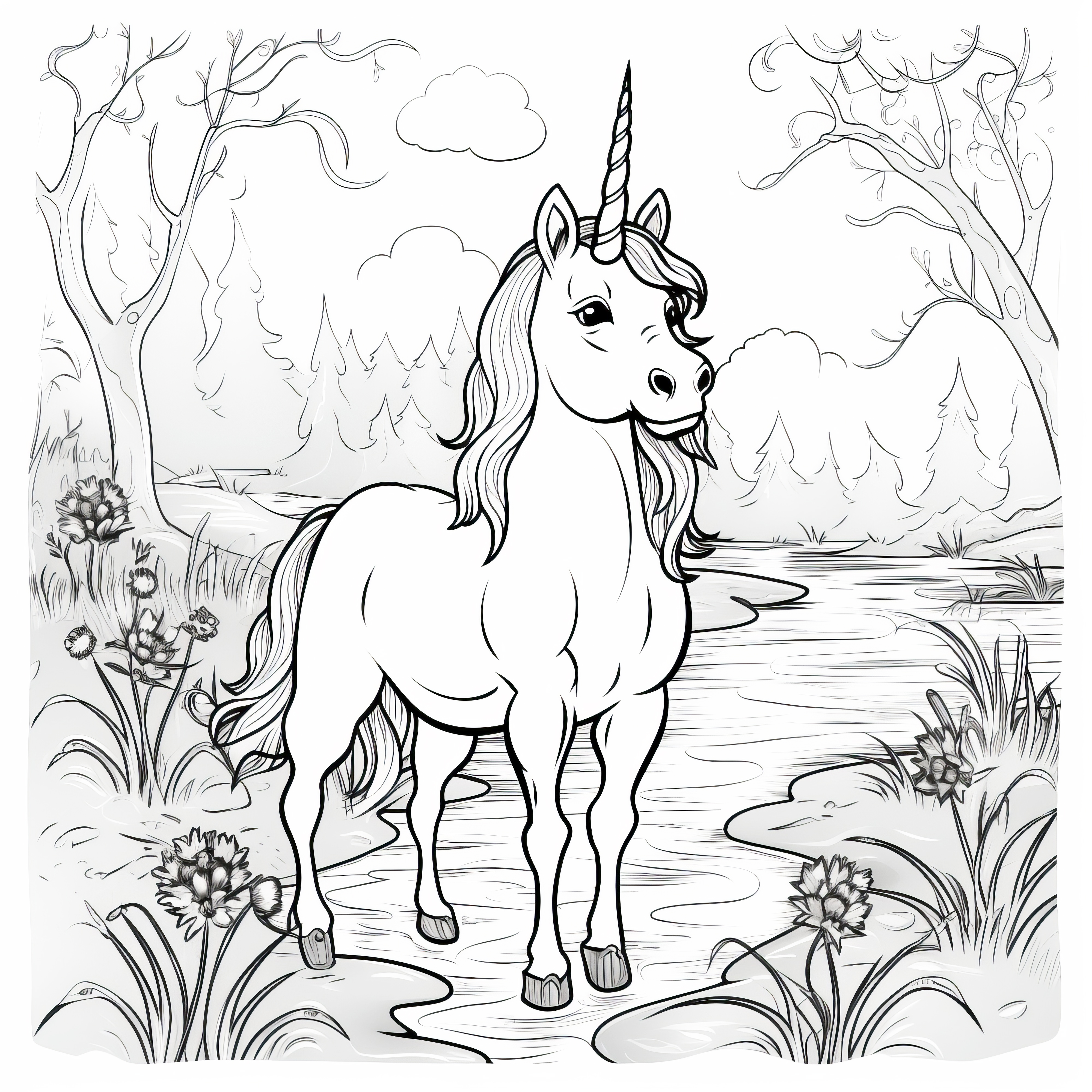 Magical unicorn by the forest stream: Picture for coloring (Free)