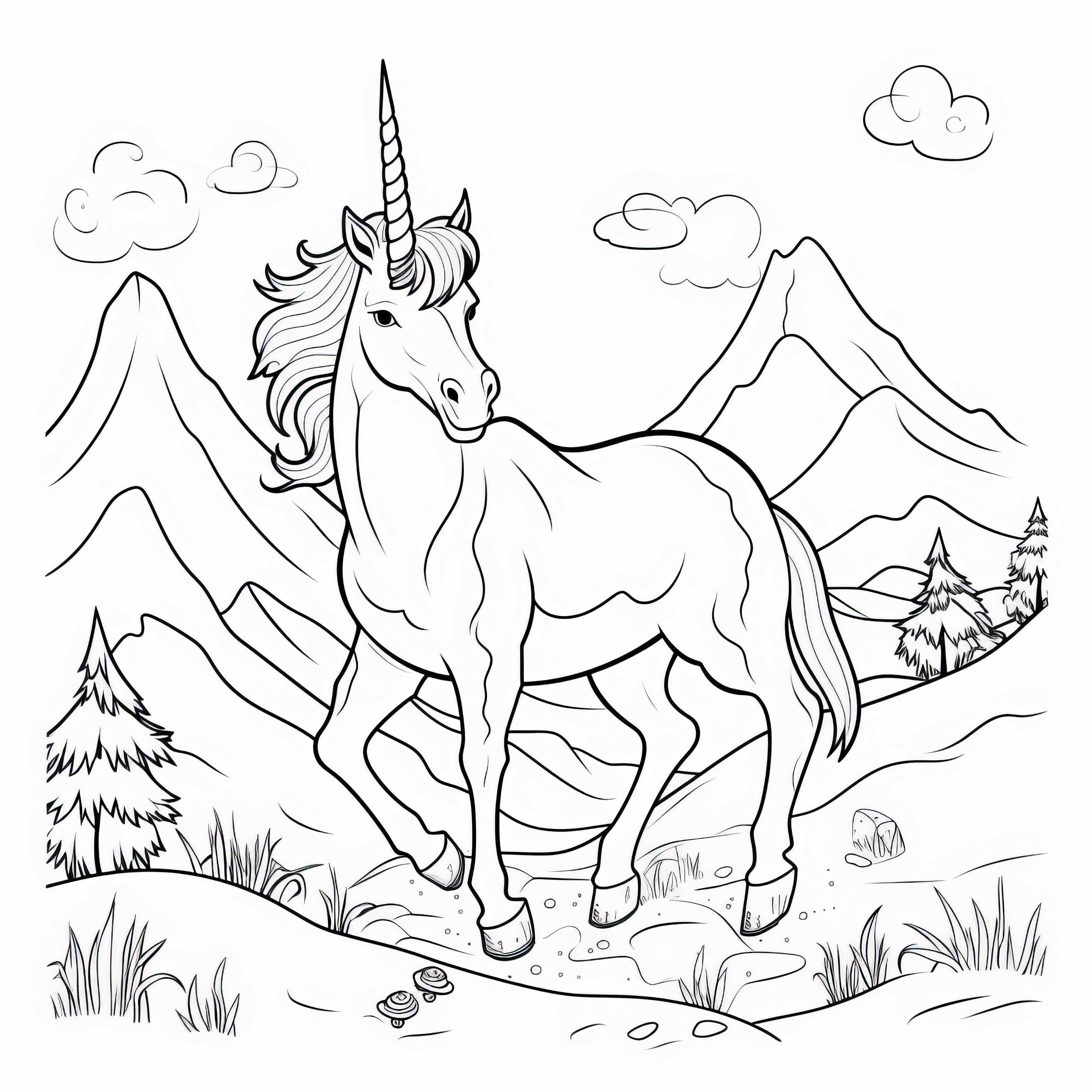Unicorn stallion in front of magical mountain backdrop: Coloring picture for children (Free)