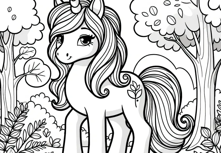 Rozkošný jednorožec pony v tajemném lese: jednoduchý obrázek k vybarvení (Zdarma)