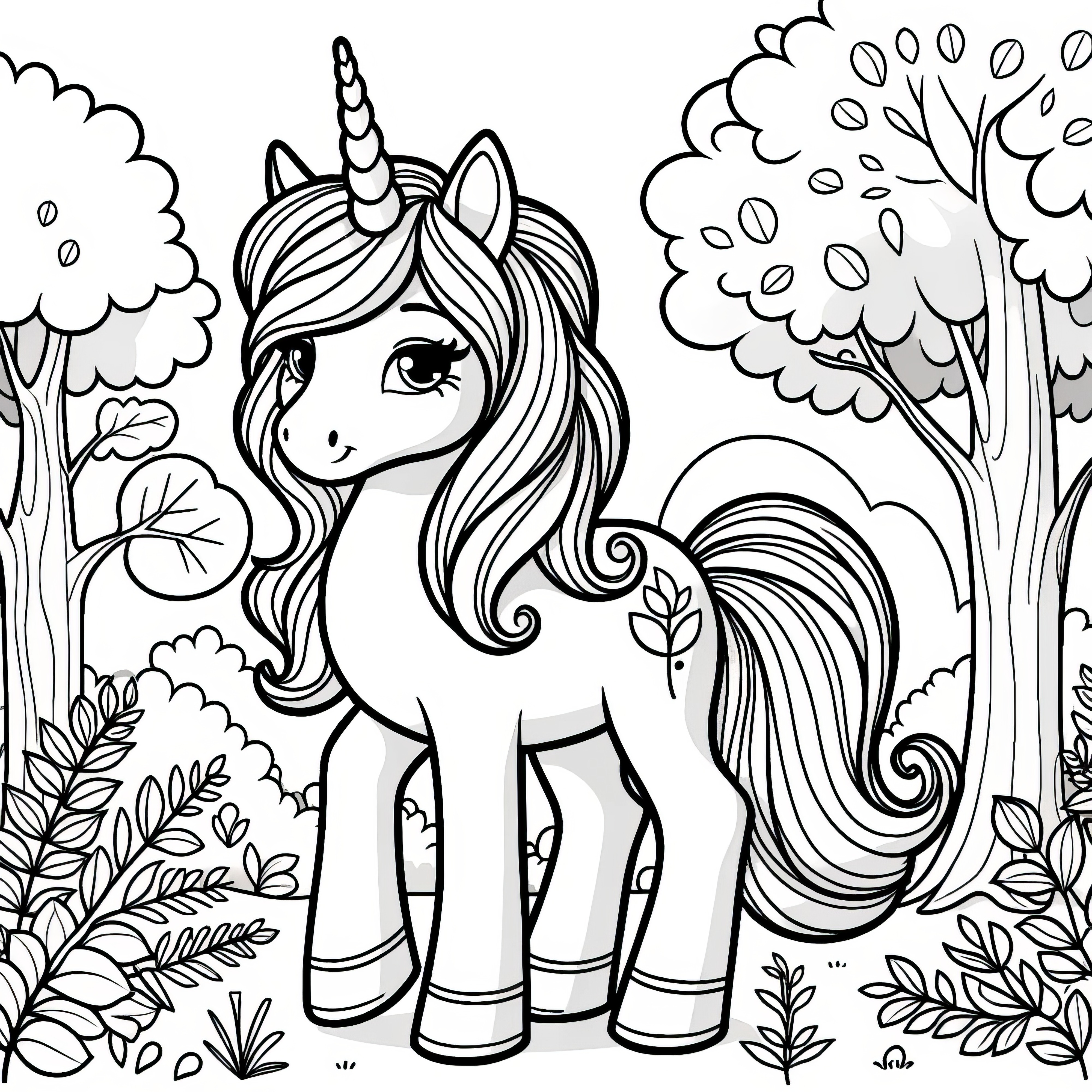 Cute unicorn pony in the mysterious forest: Simple coloring picture (for free)