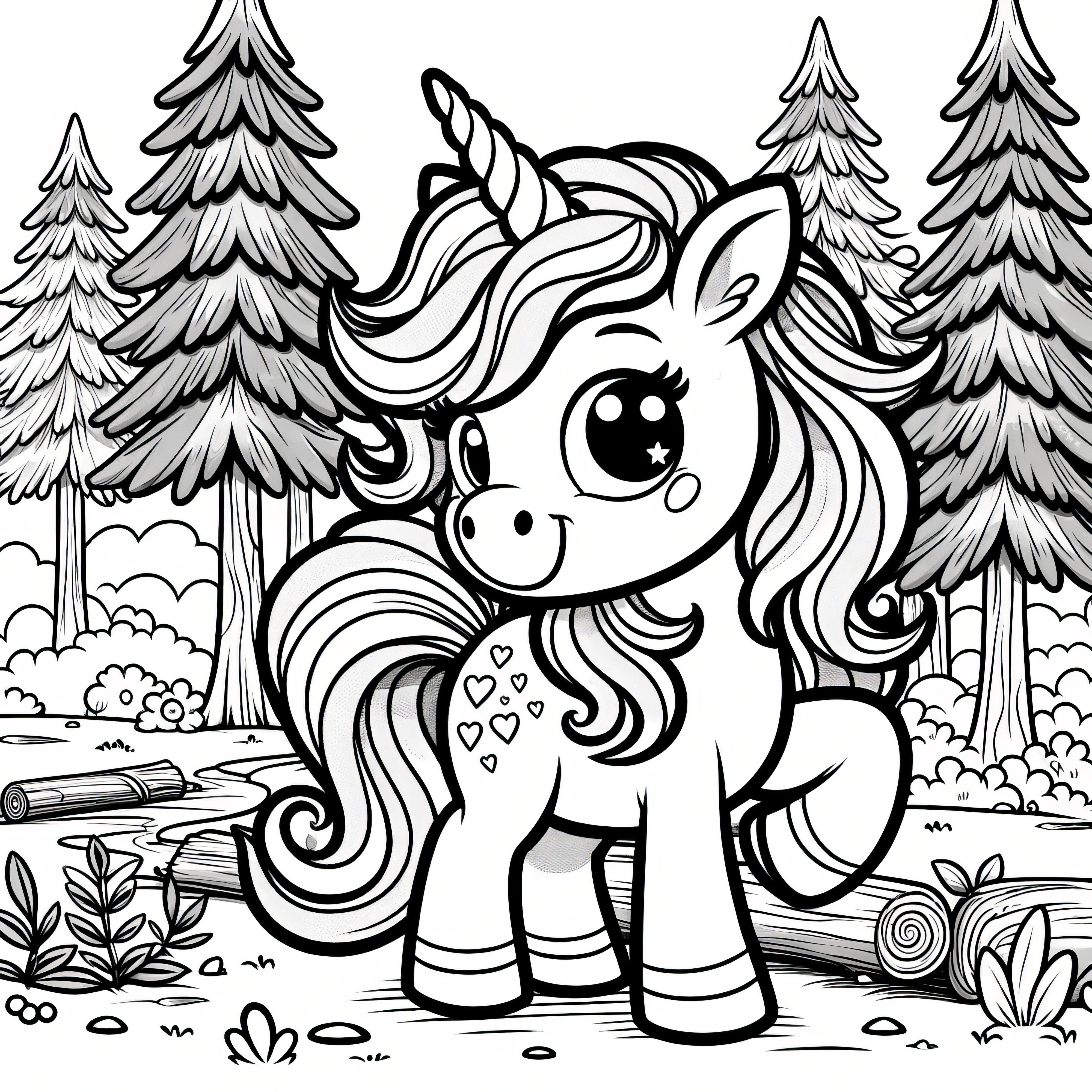 Magical unicorn-pony in the enchanted forest: Simple coloring page for free