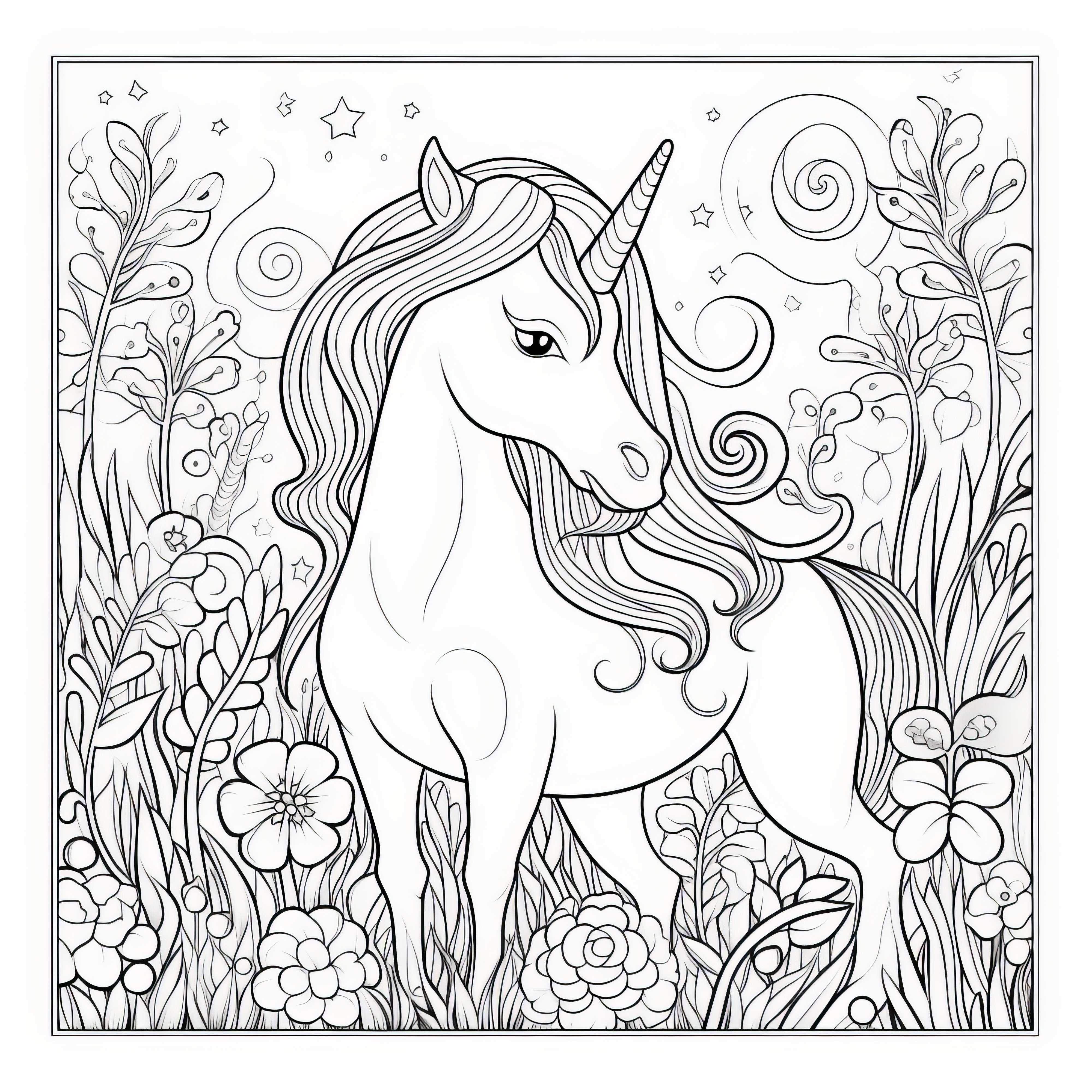 Elegant unicorn in the magnificent flower field: Coloring picture (Free)