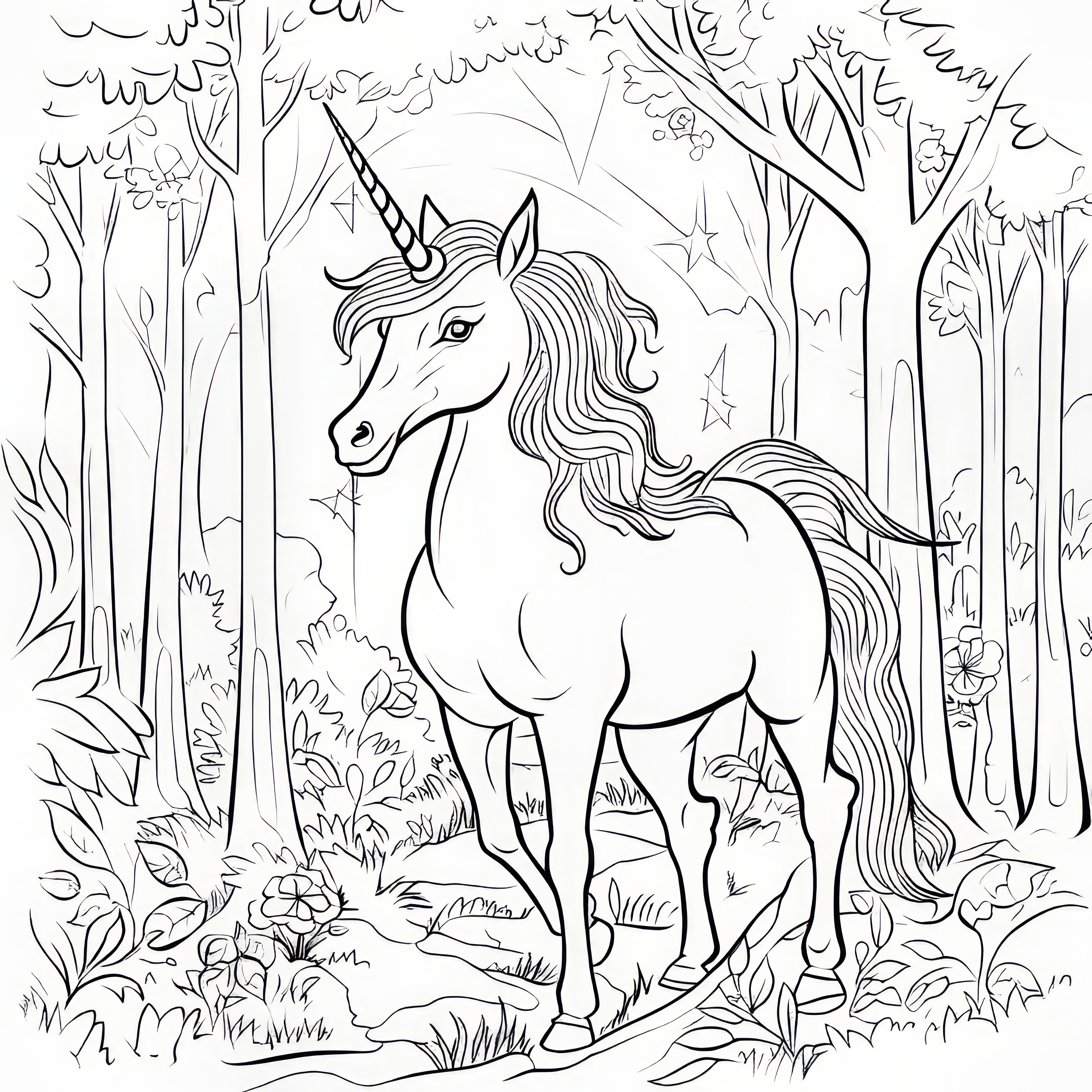 Impressive unicorn in the forest: coloring picture