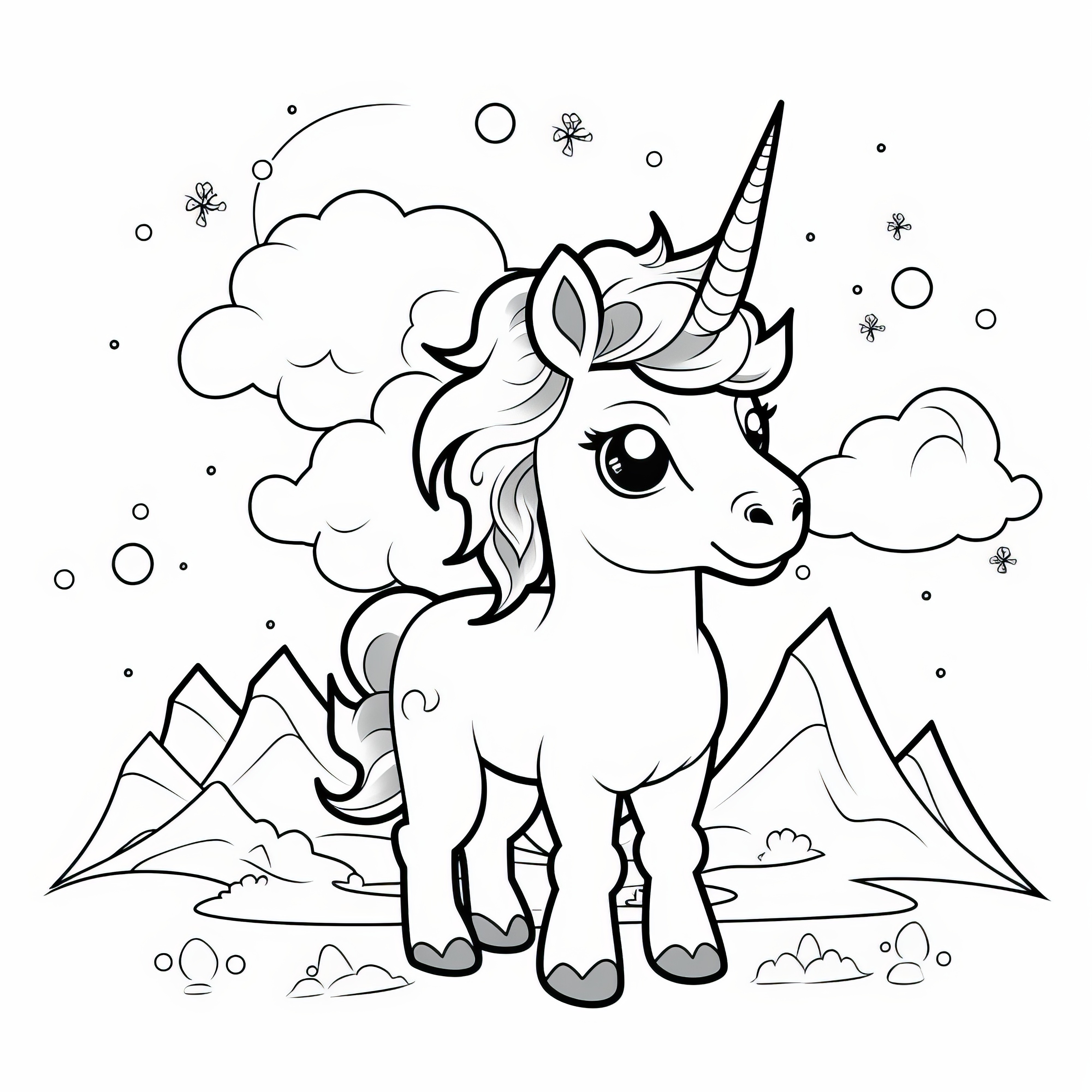 Small unicorn in front of a fascinating mountain landscape: Simple coloring picture (Free)