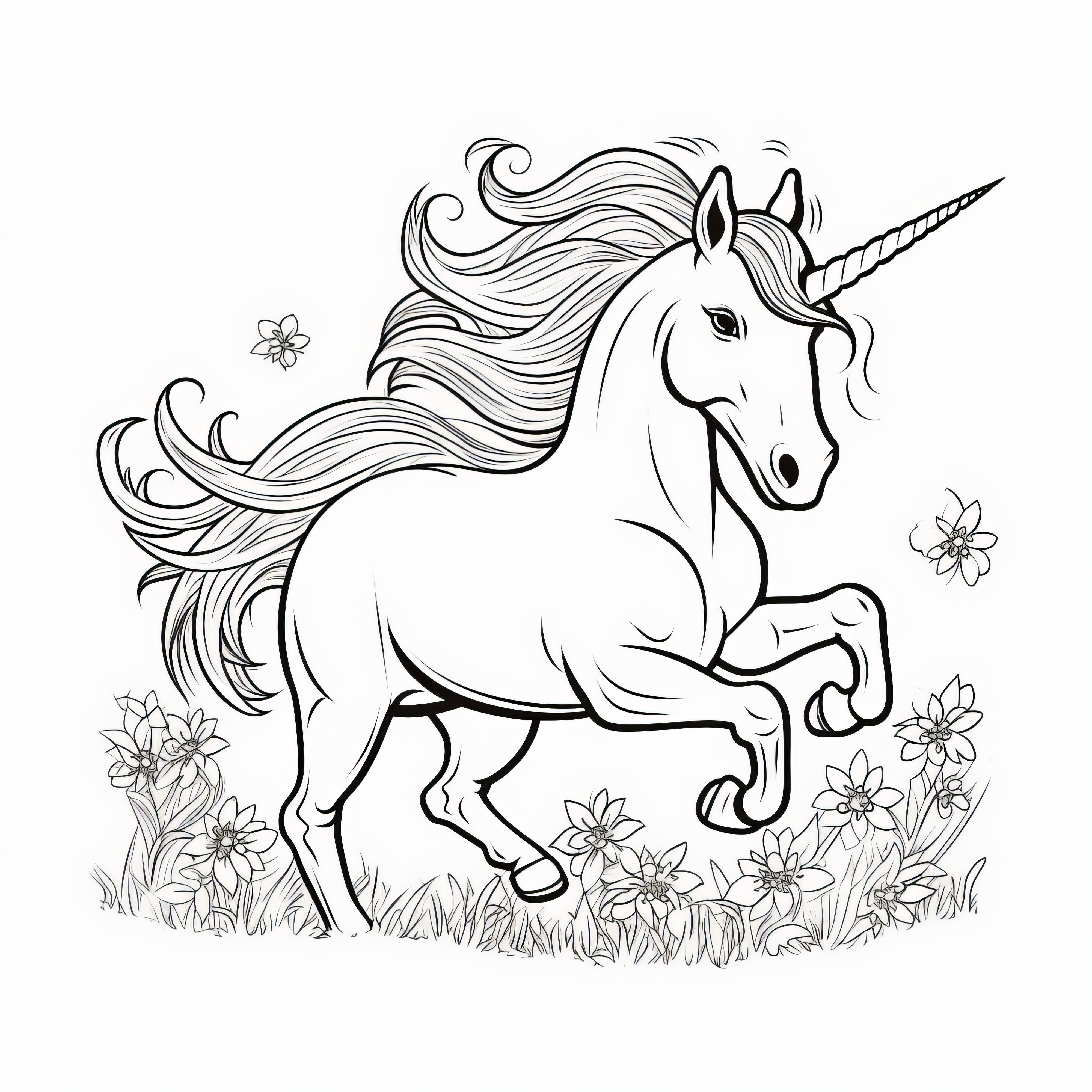 Strong unicorn gallops across flower meadow: Picture for coloring, free of charge