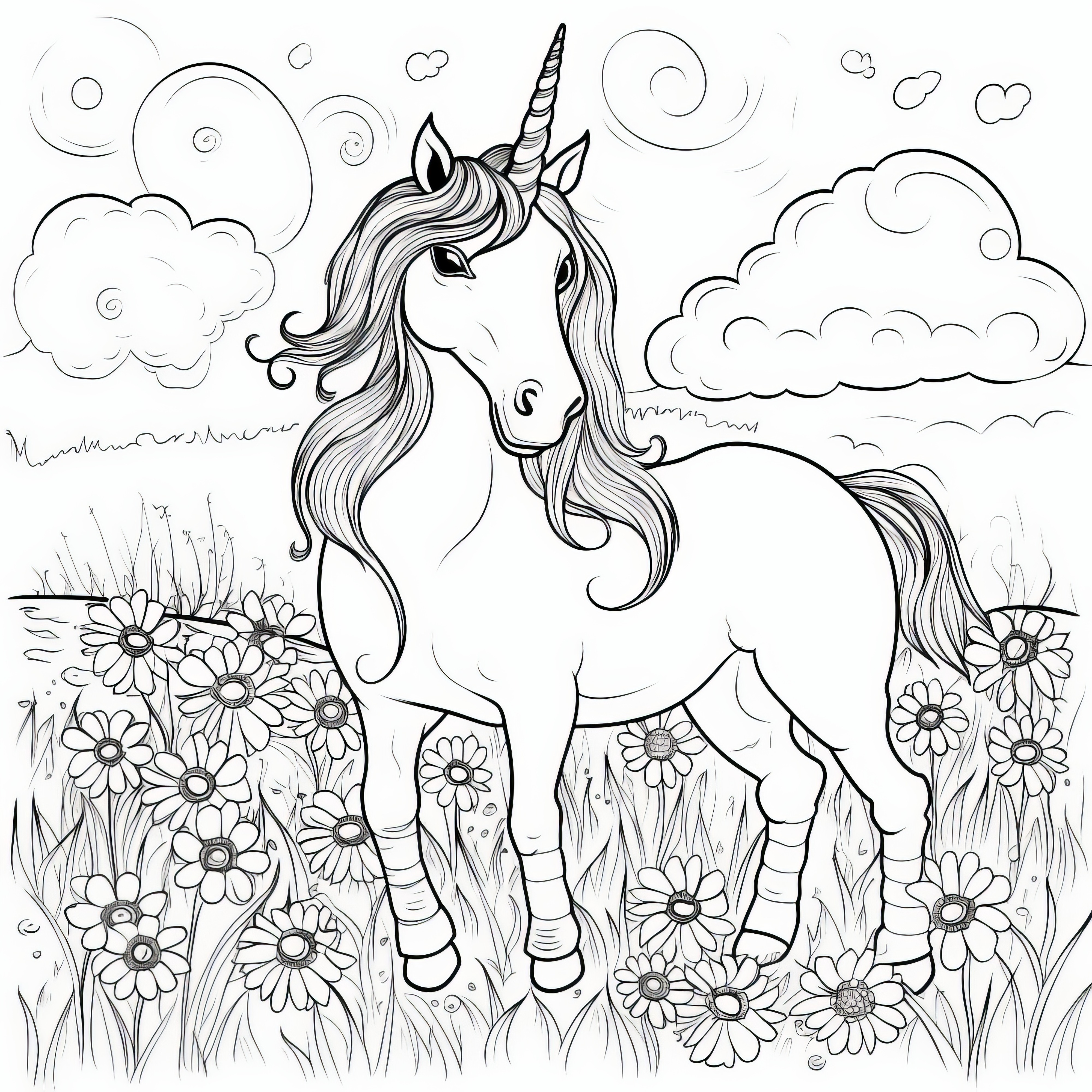 Majestic unicorn in flower meadow: Free coloring page