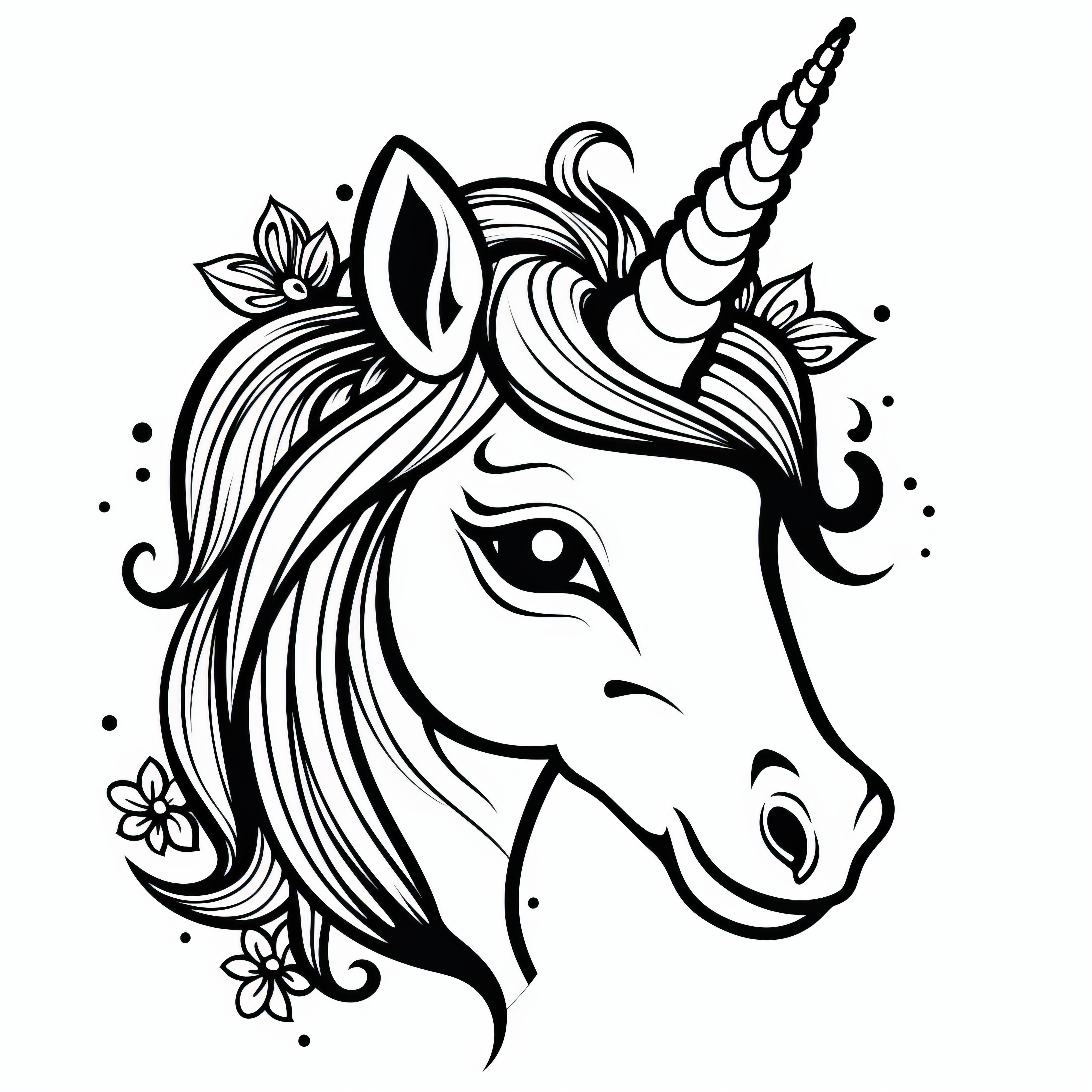 Unicorn head with magnificent mane: Simple coloring picture for children (Free)