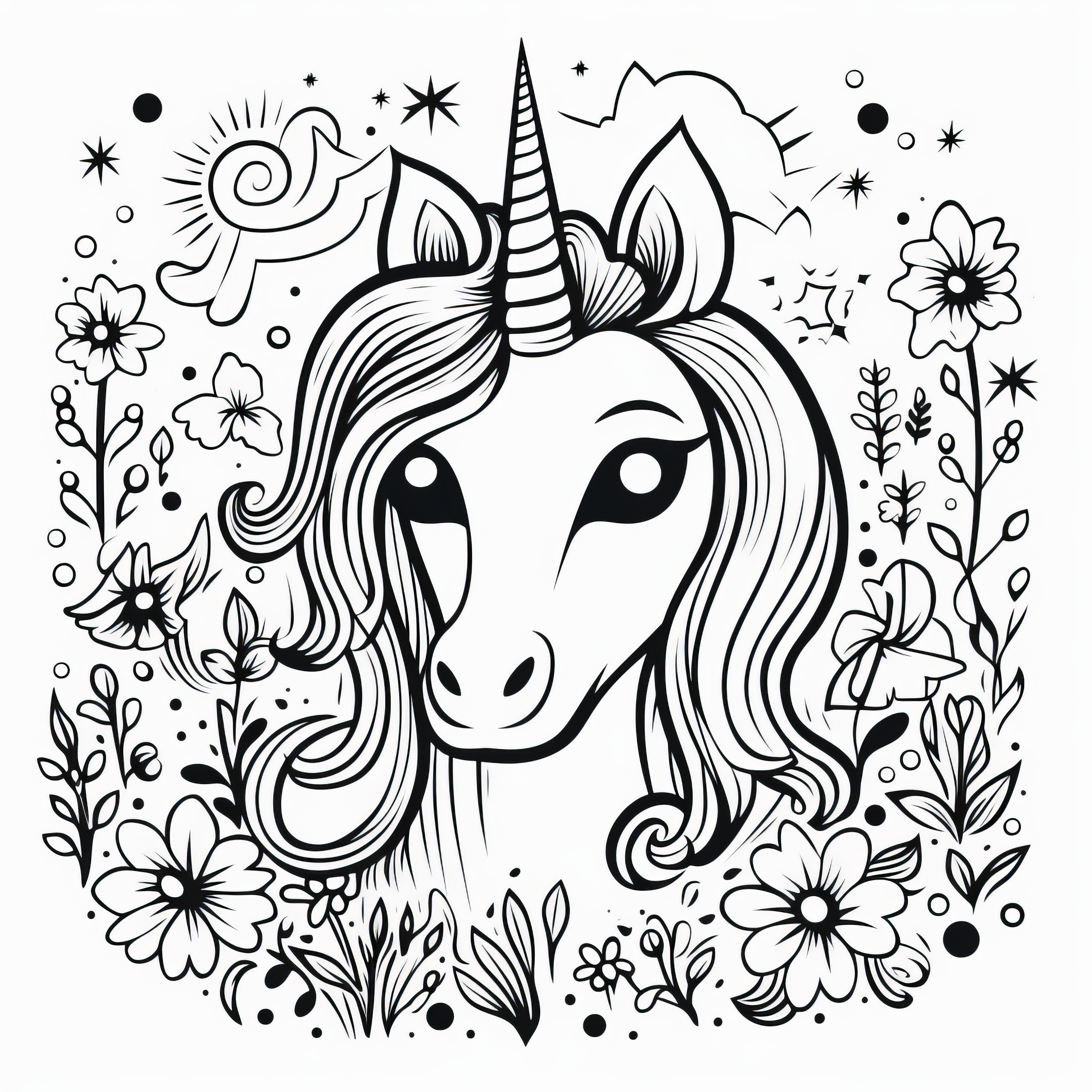Floral unicorn head as a coloring template: Free to download